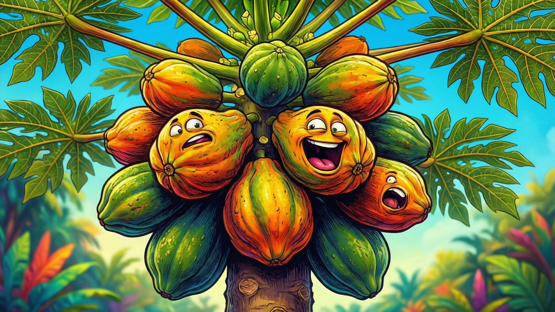 cartoon pawpaw, bursting from a tree, bold vibrant colors, Full HD Desktop Wallpaper