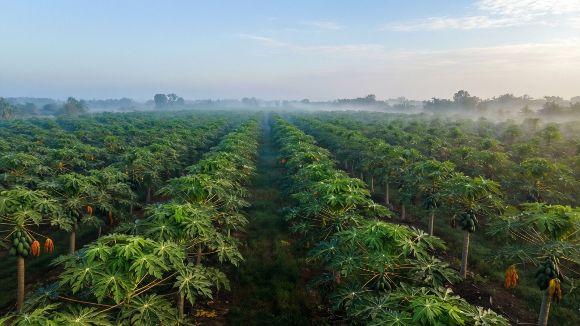 pawpaw orchard, aerial perspective, misty morning light, Full HD Desktop Wallpaper