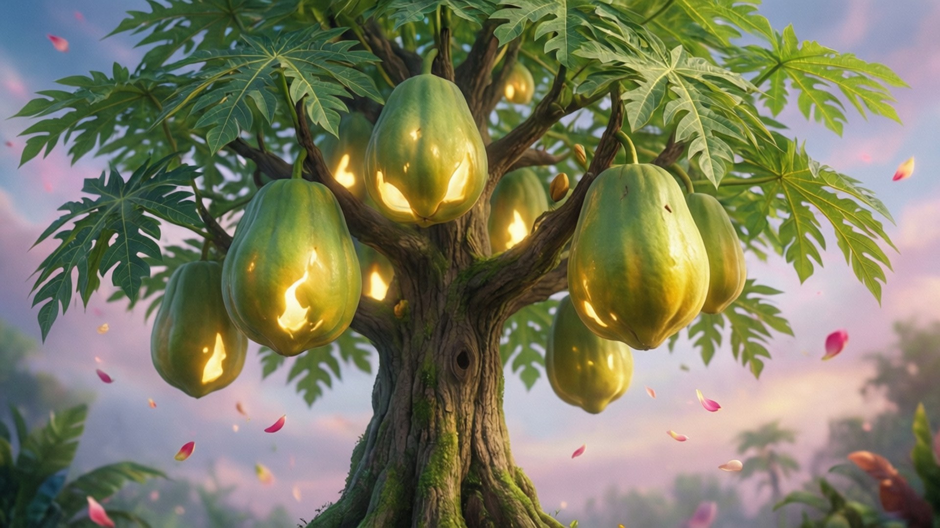 Whimsical Glowing Pawpaw, pawpaw tree, luminous fruits, Full HD Desktop Wallpaper