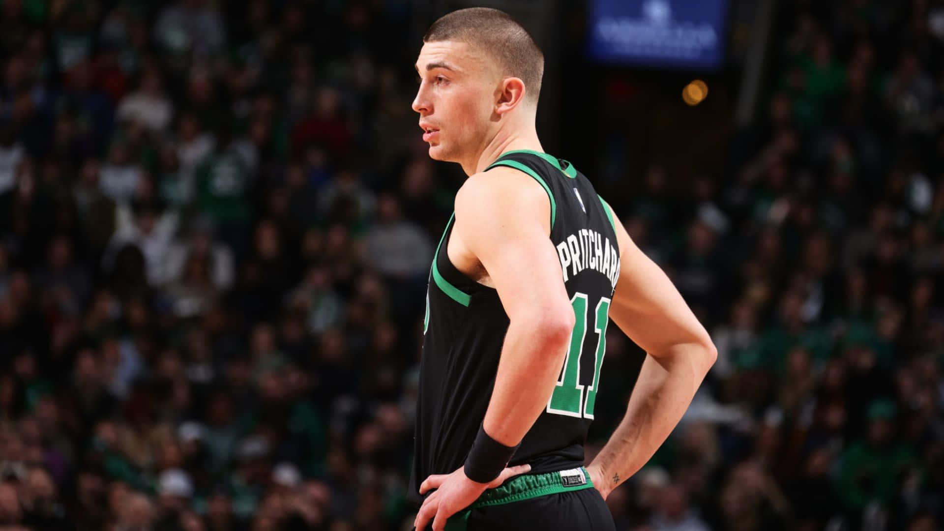Payton Pritchard, black and green jersey, court, Full HD Desktop Wallpaper