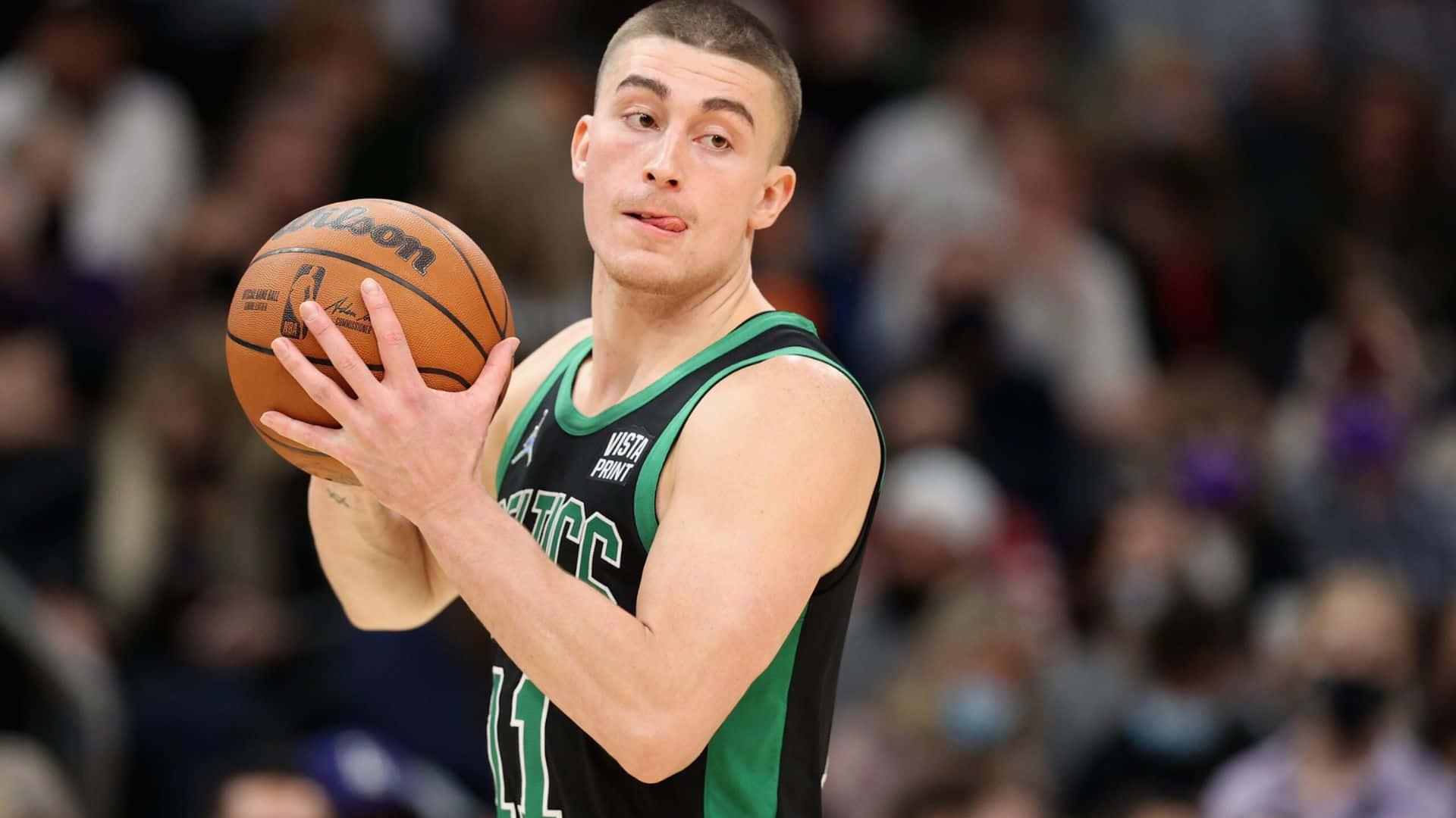 Payton Pritchard, green and black jersey, brown basketball, Full HD Desktop Wallpaper