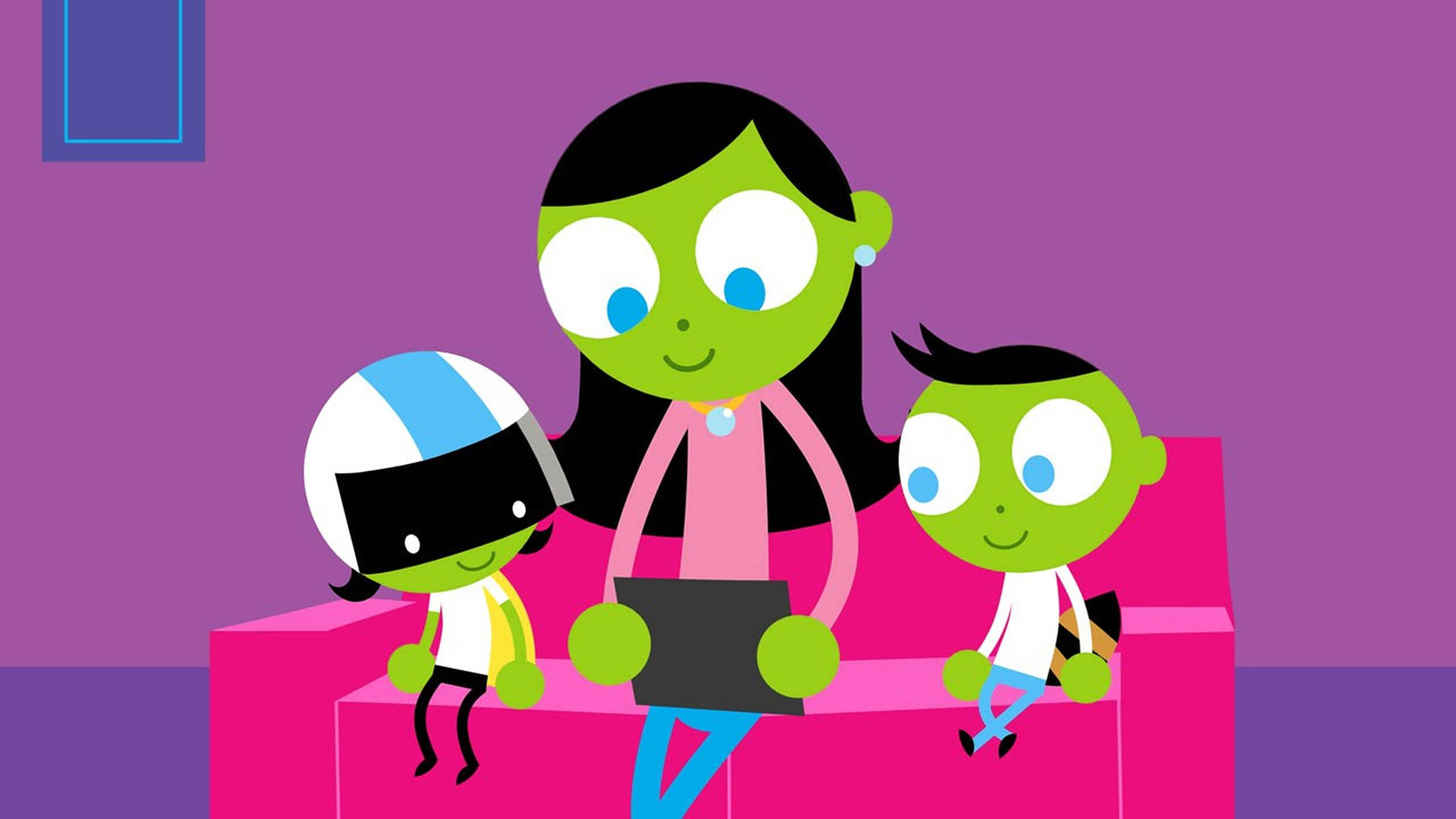 PBS Kids, green-skinned cartoon characters, pink couch, 2K Desktop Wallpaper