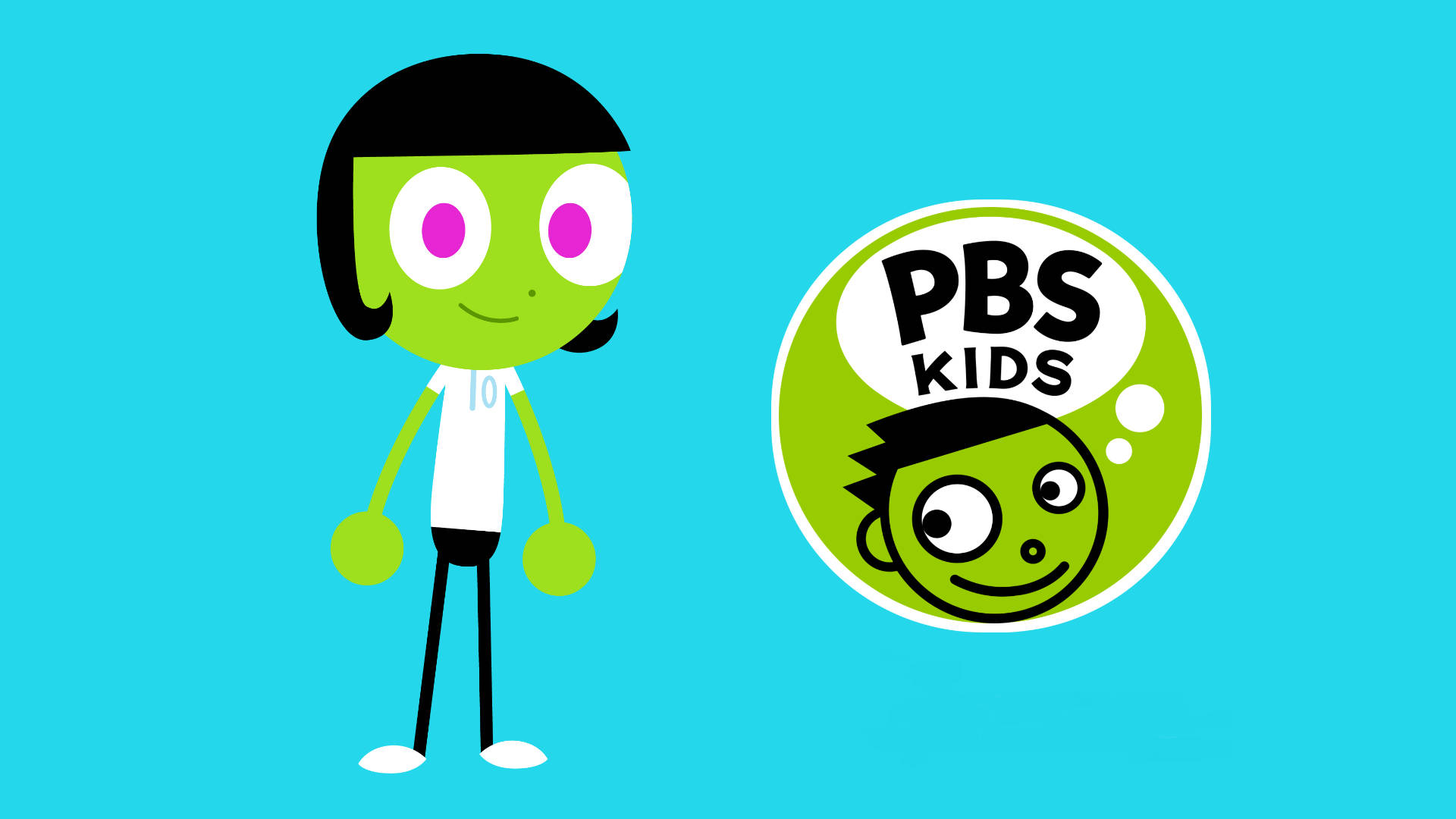 PBS Kids, green cartoon character, bright blue background, Full HD Desktop Wallpaper