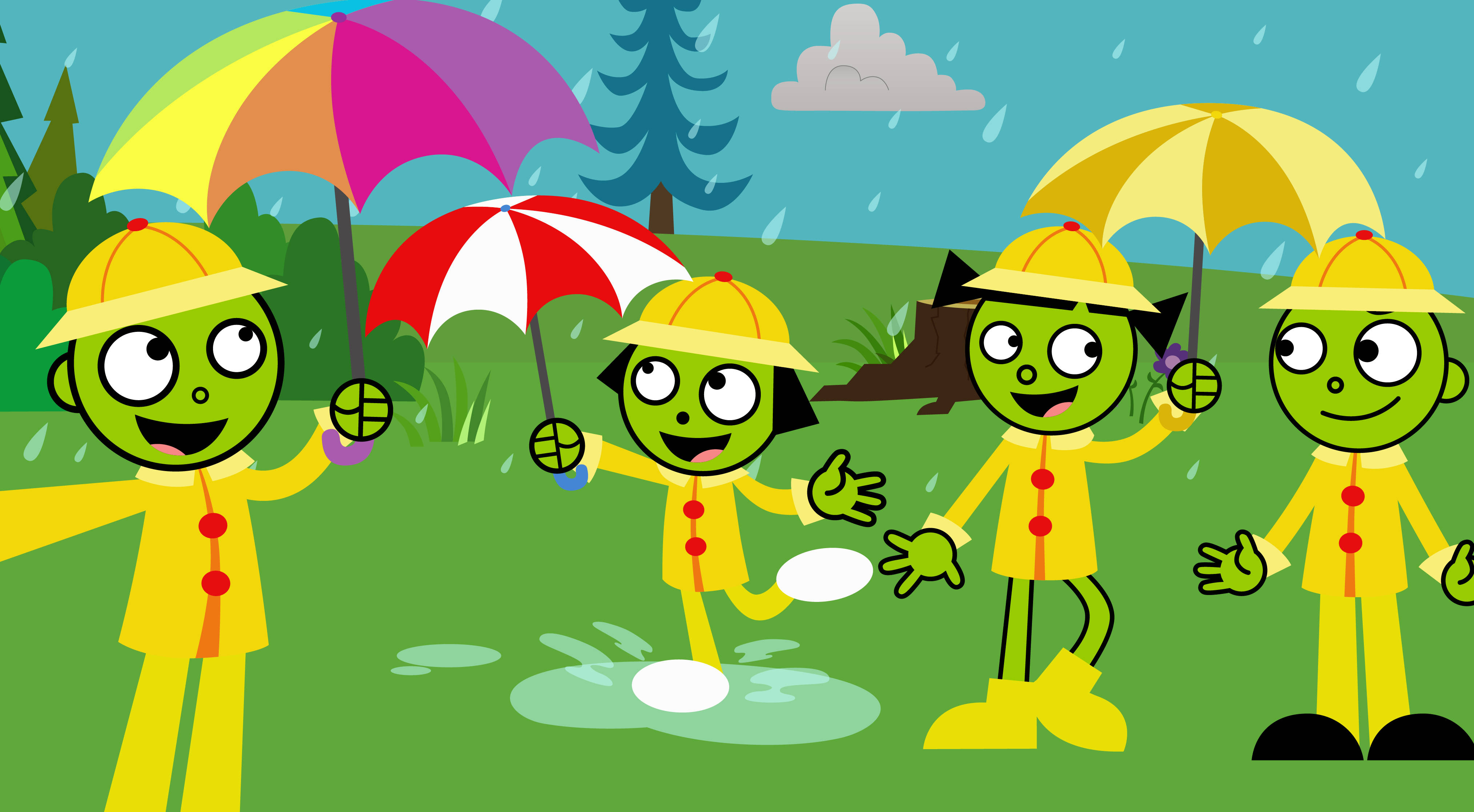 PBS Kids, yellow raincoat, green cartoon characters, 4K Desktop Wallpaper