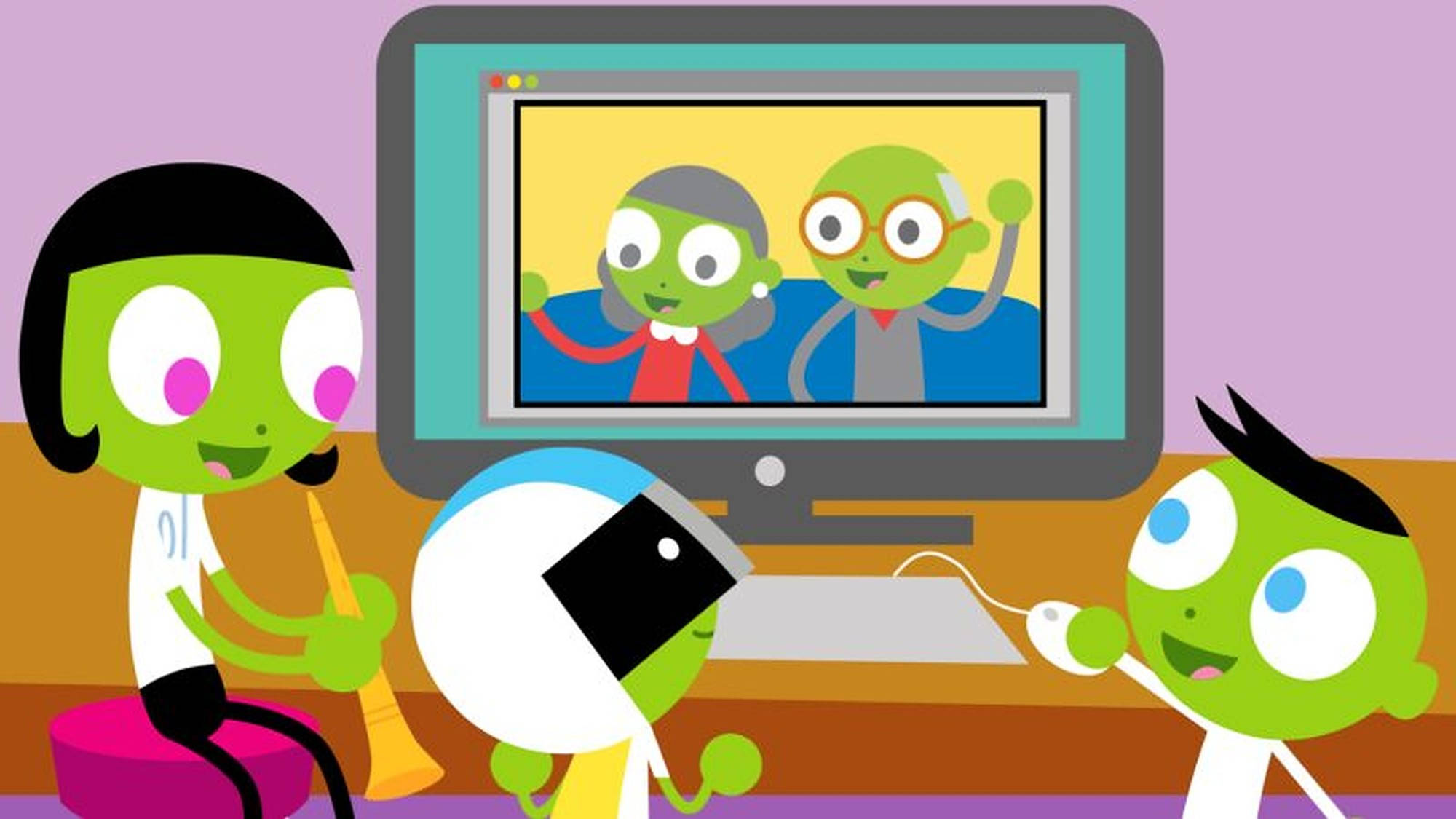 PBS Kids, video call, three green cartoon aliens, Full HD Desktop Wallpaper