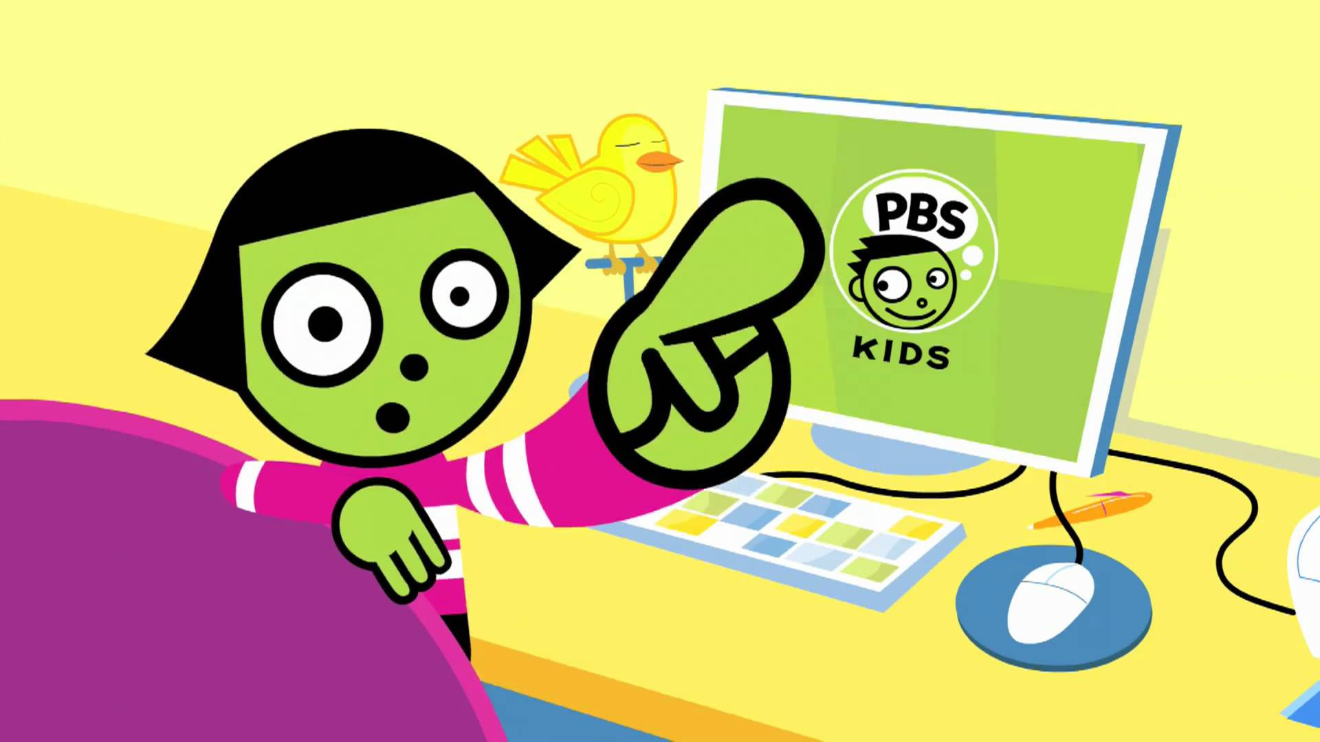PBS Kids, green-skinned cartoon girl, pink striped shirt, Full HD Desktop Wallpaper