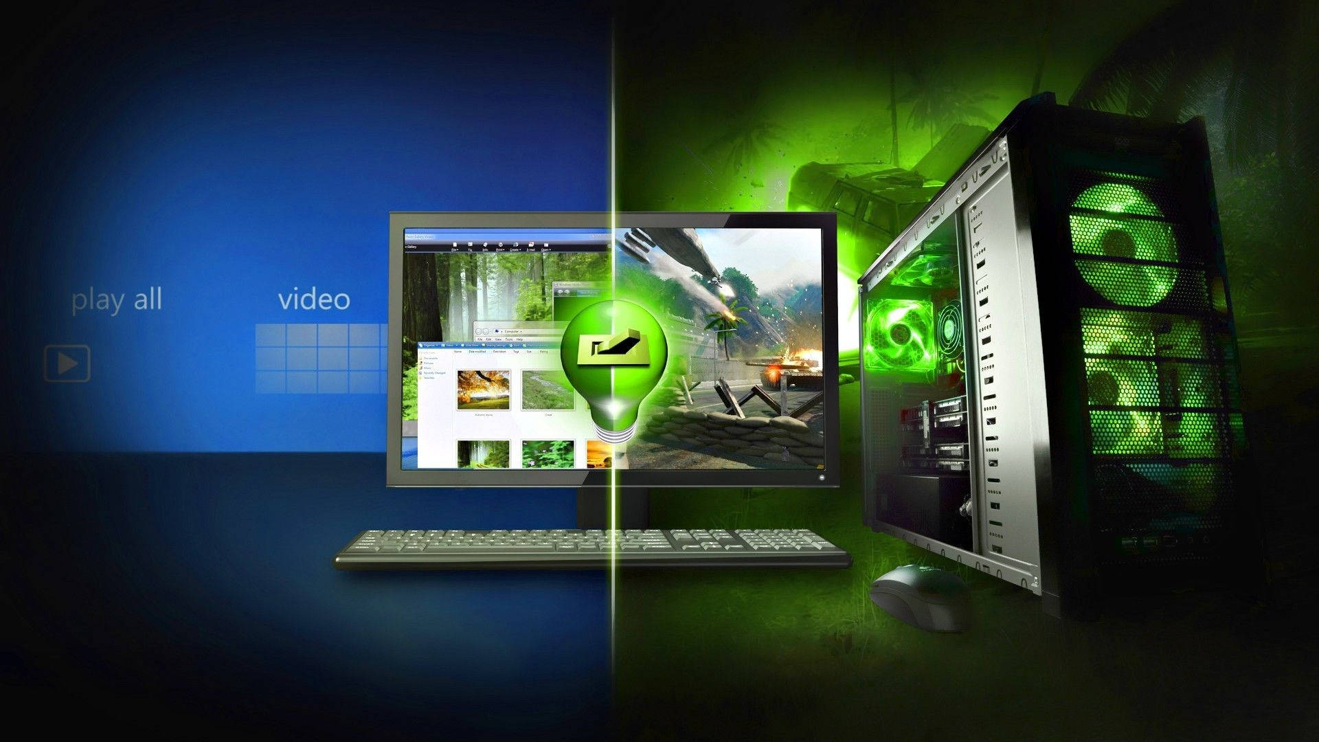 PC Computer Desktop, green LED, gaming, Full HD Desktop Wallpaper