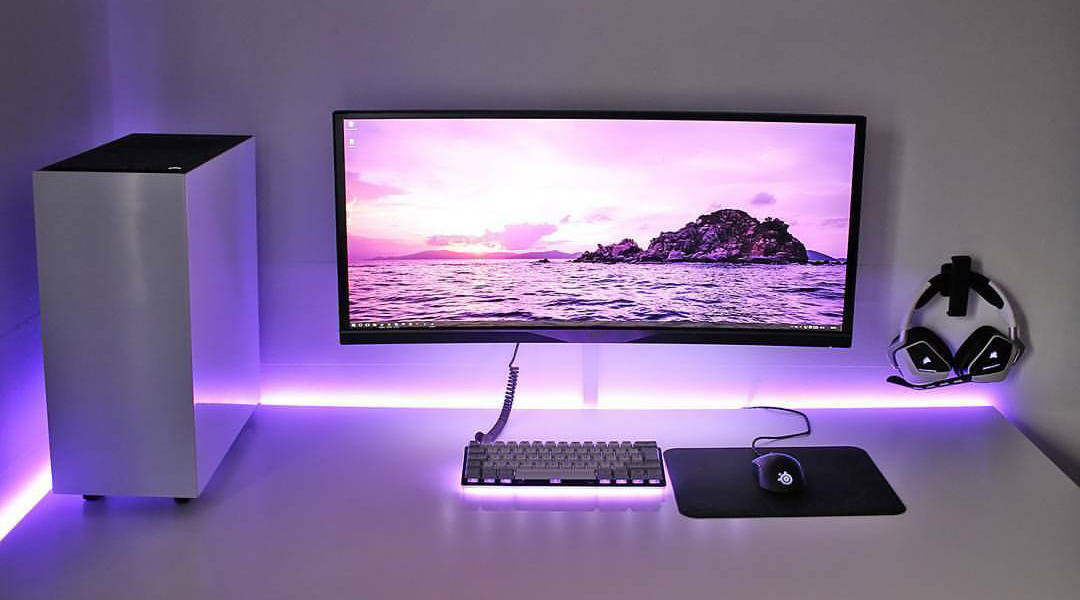 white pc, 1080 x 600, purple LED lighting, SD Desktop Wallpaper