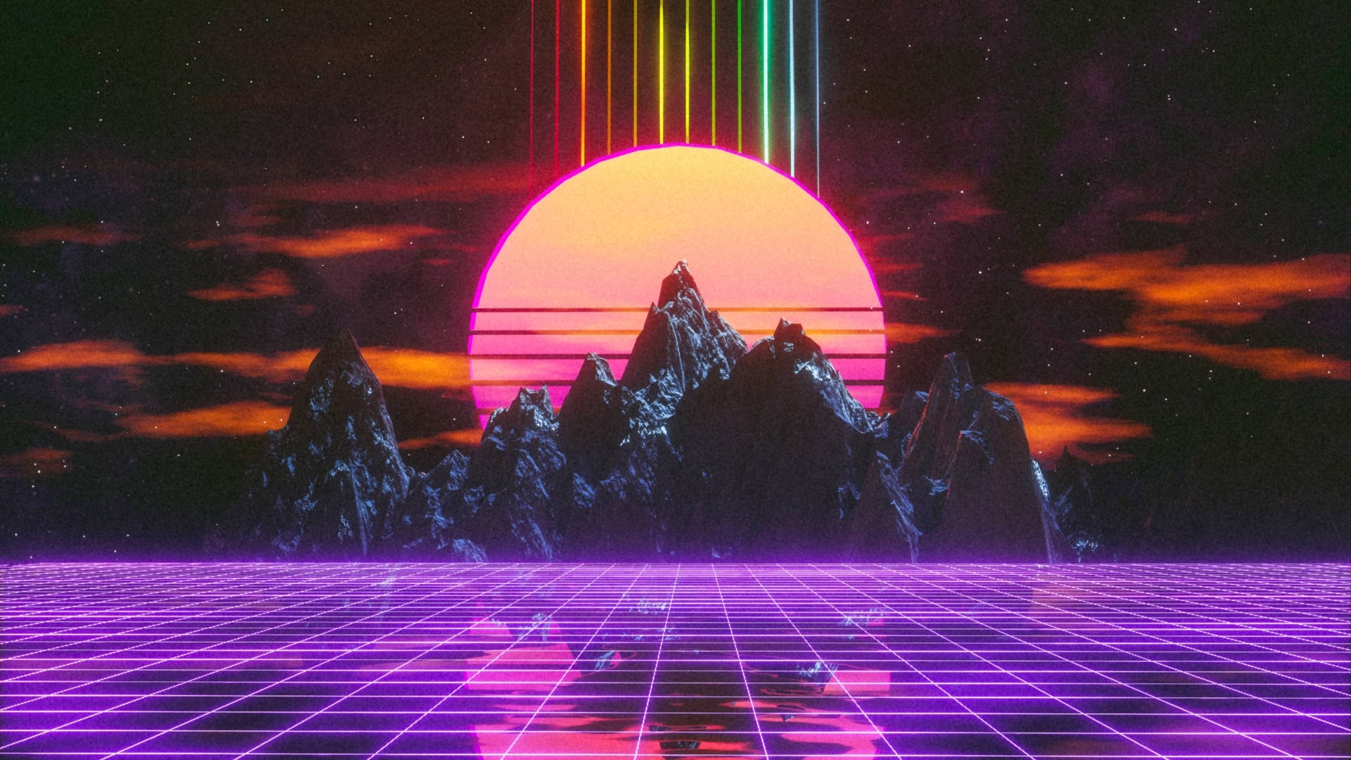 retrofuturistic sunset, glowing pink sun, jagged mountains, Full HD Desktop Wallpaper