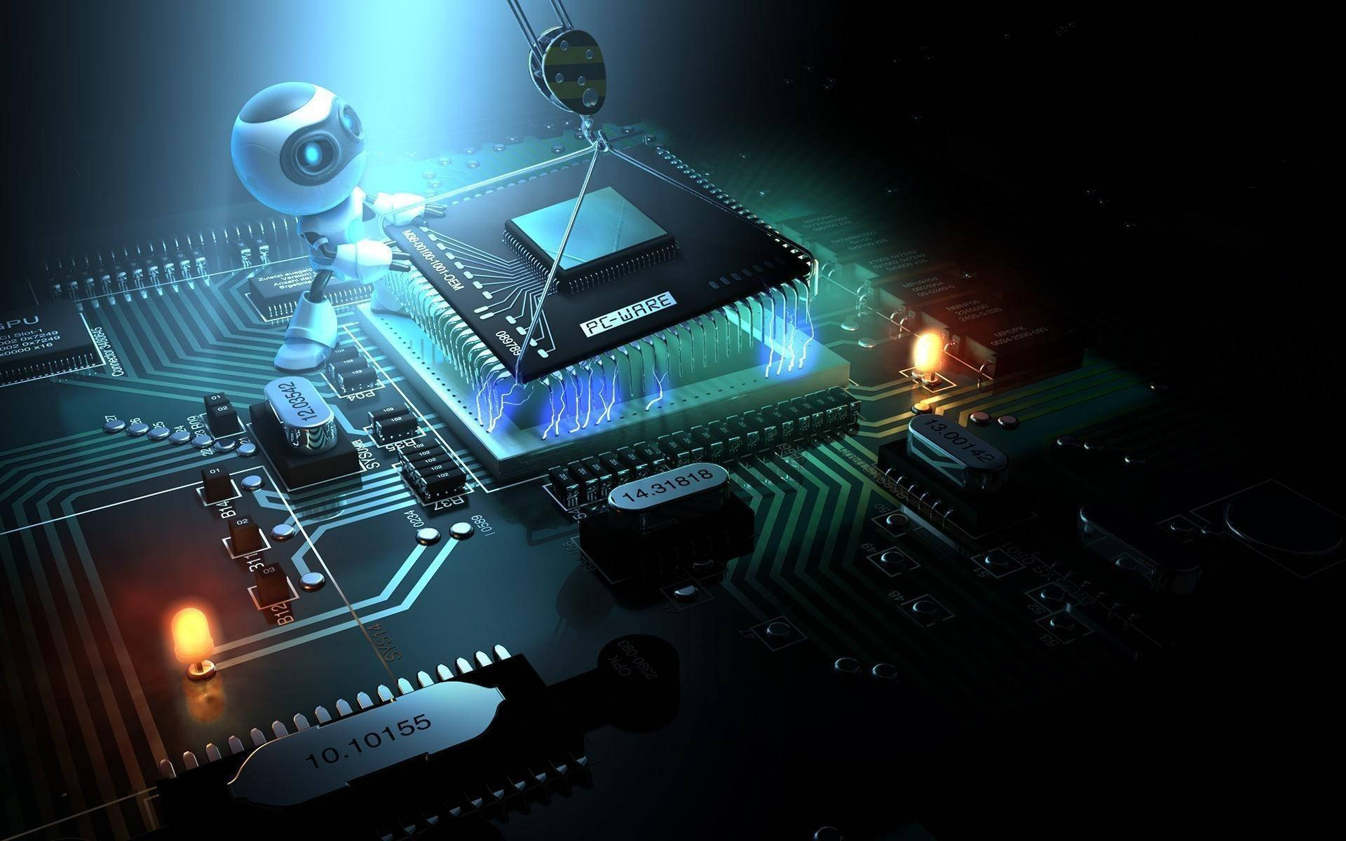 glowing blue and green circuit board, tiny robot, central processor, Full HD Desktop Wallpaper