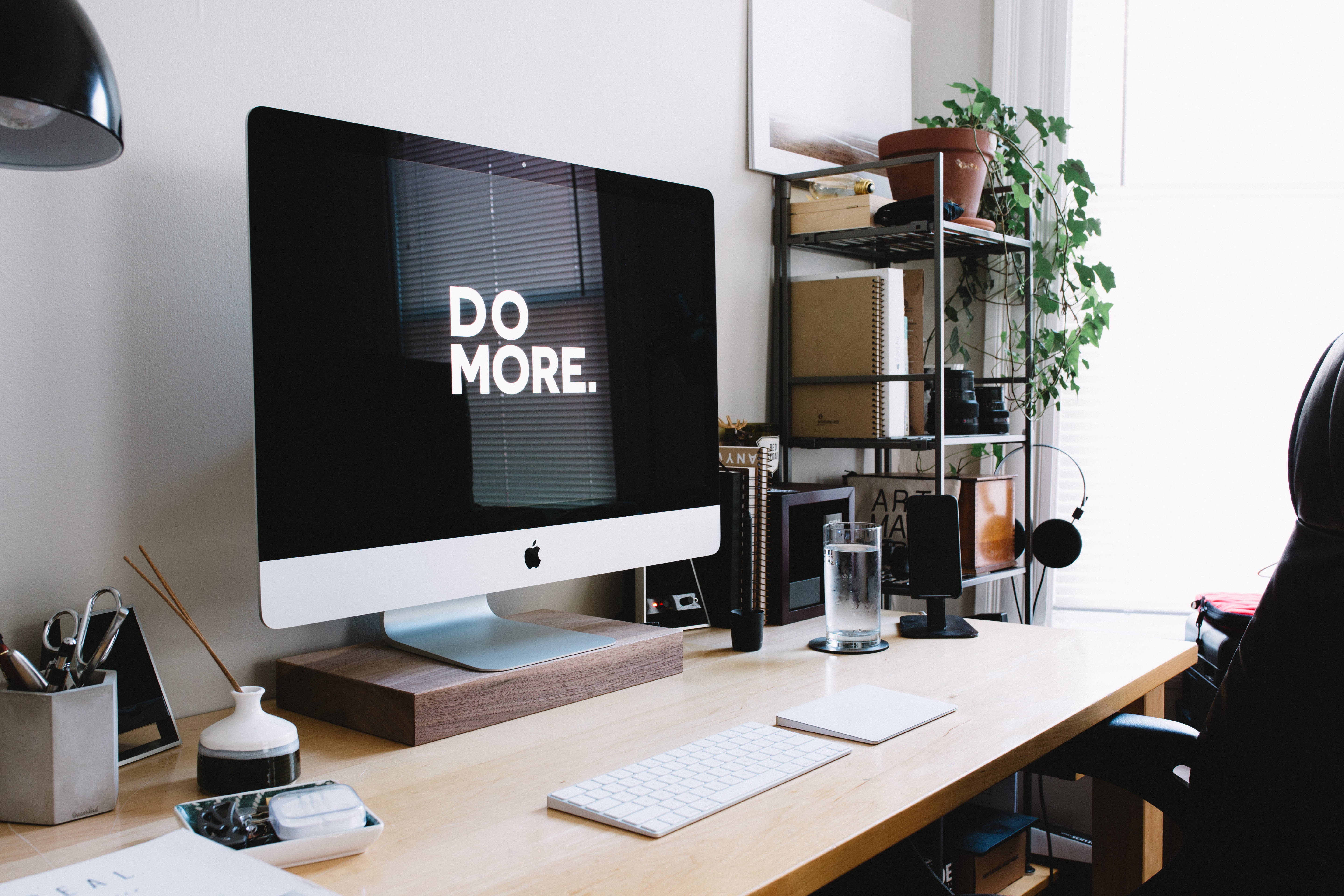 iMac, DO MORE, minimalist home office desk, 5K Desktop Wallpaper