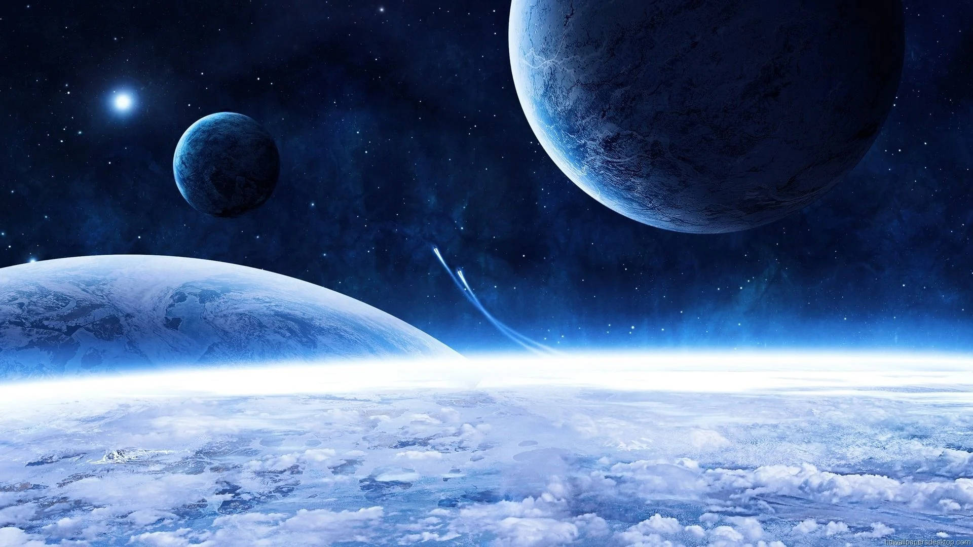 blue planet, swirling clouds, two moons, Full HD Desktop Wallpaper