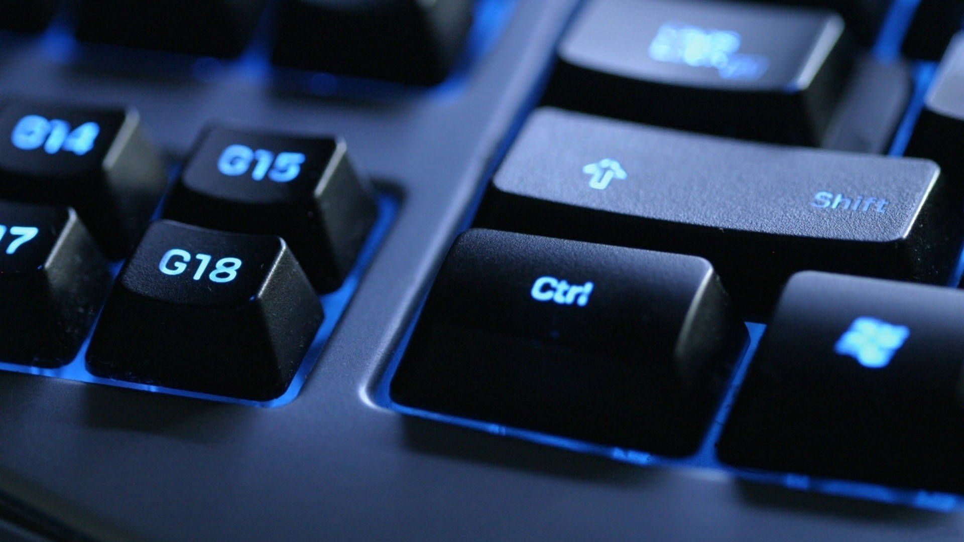black gaming keyboard, glowing blue backlighting, Ctrl, Full HD Desktop Wallpaper