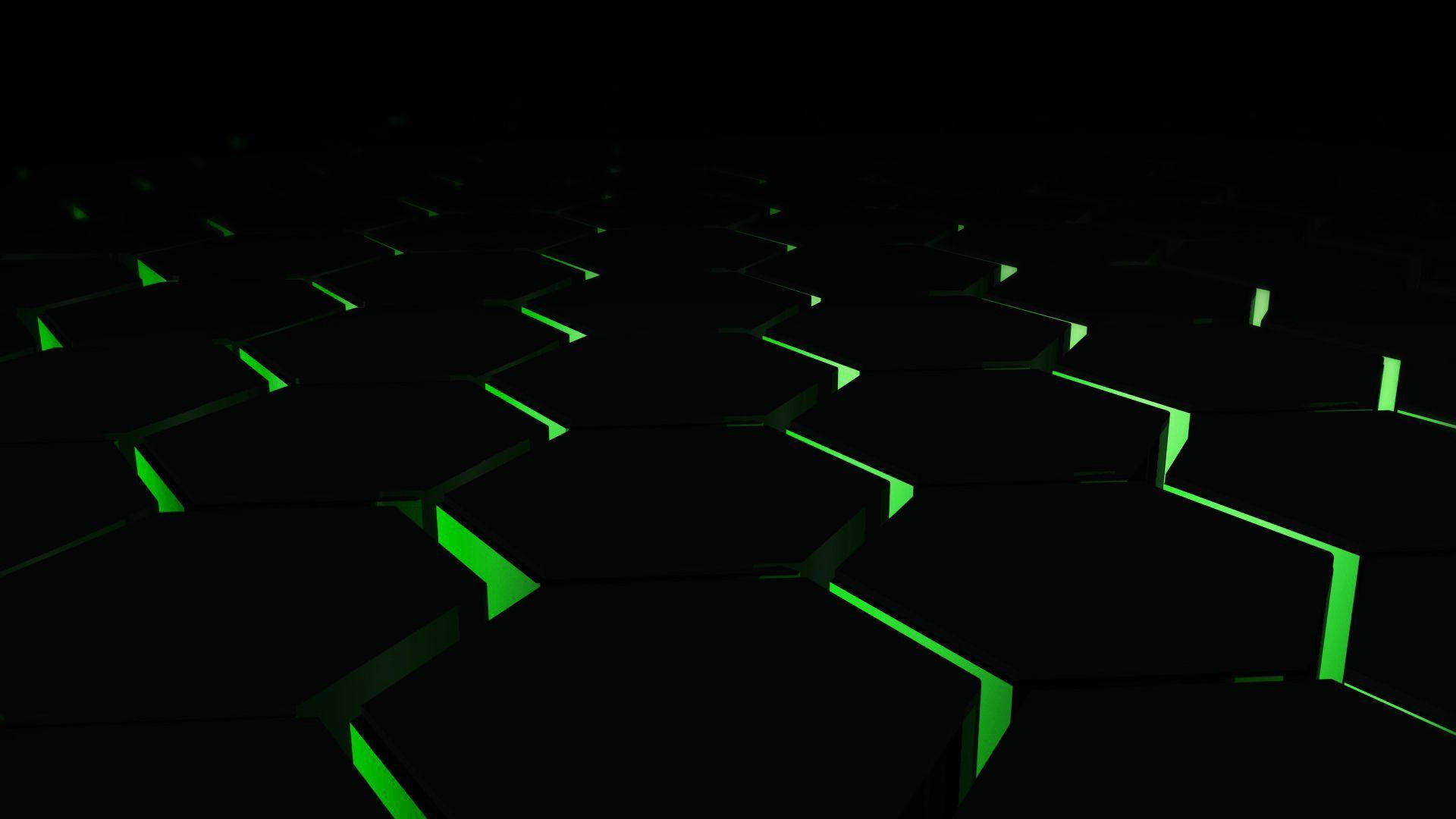PC Gaming, green lights, glowing green hexagonal tiles, Full HD Desktop Wallpaper