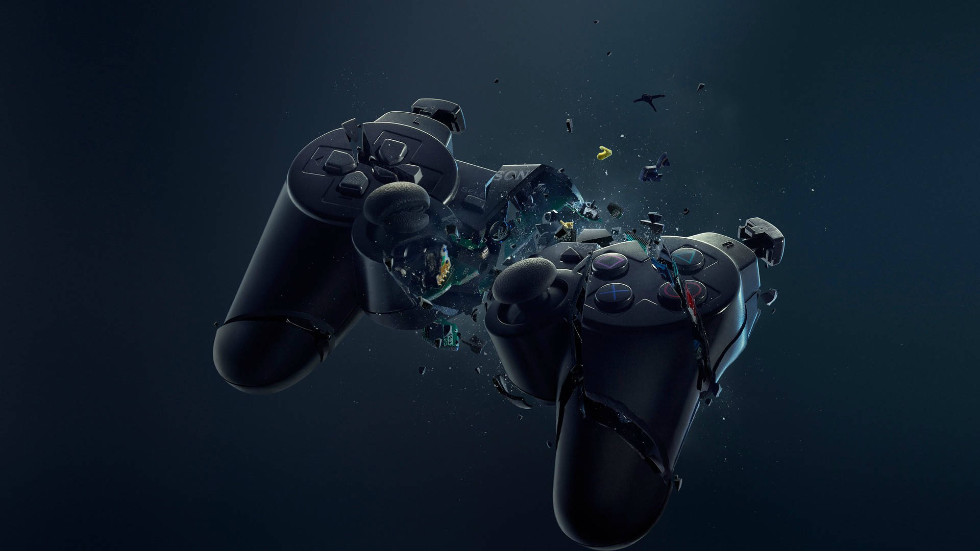 PC Gaming, black gaming controllers, shatter mid-air, Full HD Desktop Wallpaper