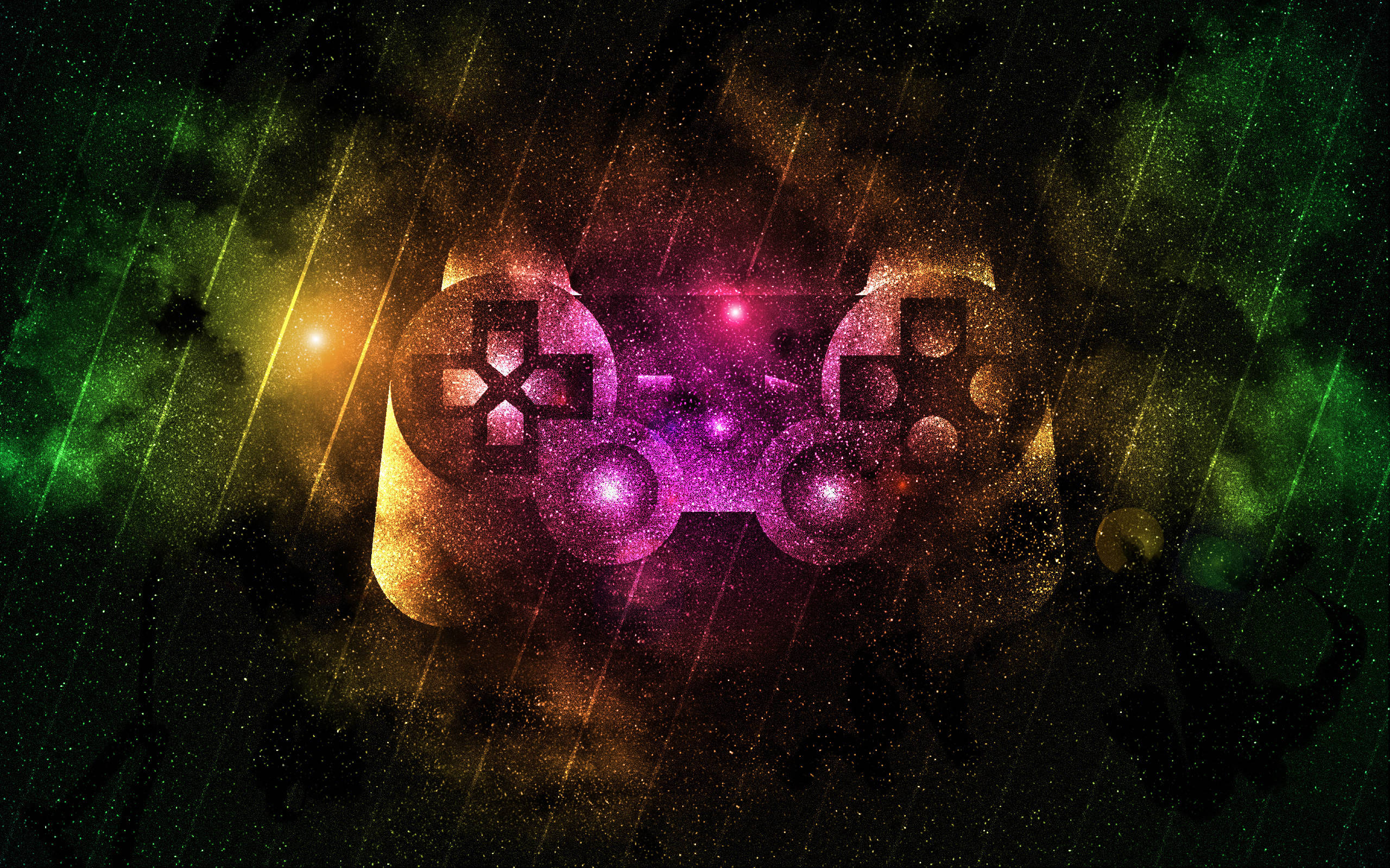 glowing purple game controller, cosmic nebula, green star trails, 2K Desktop Wallpaper