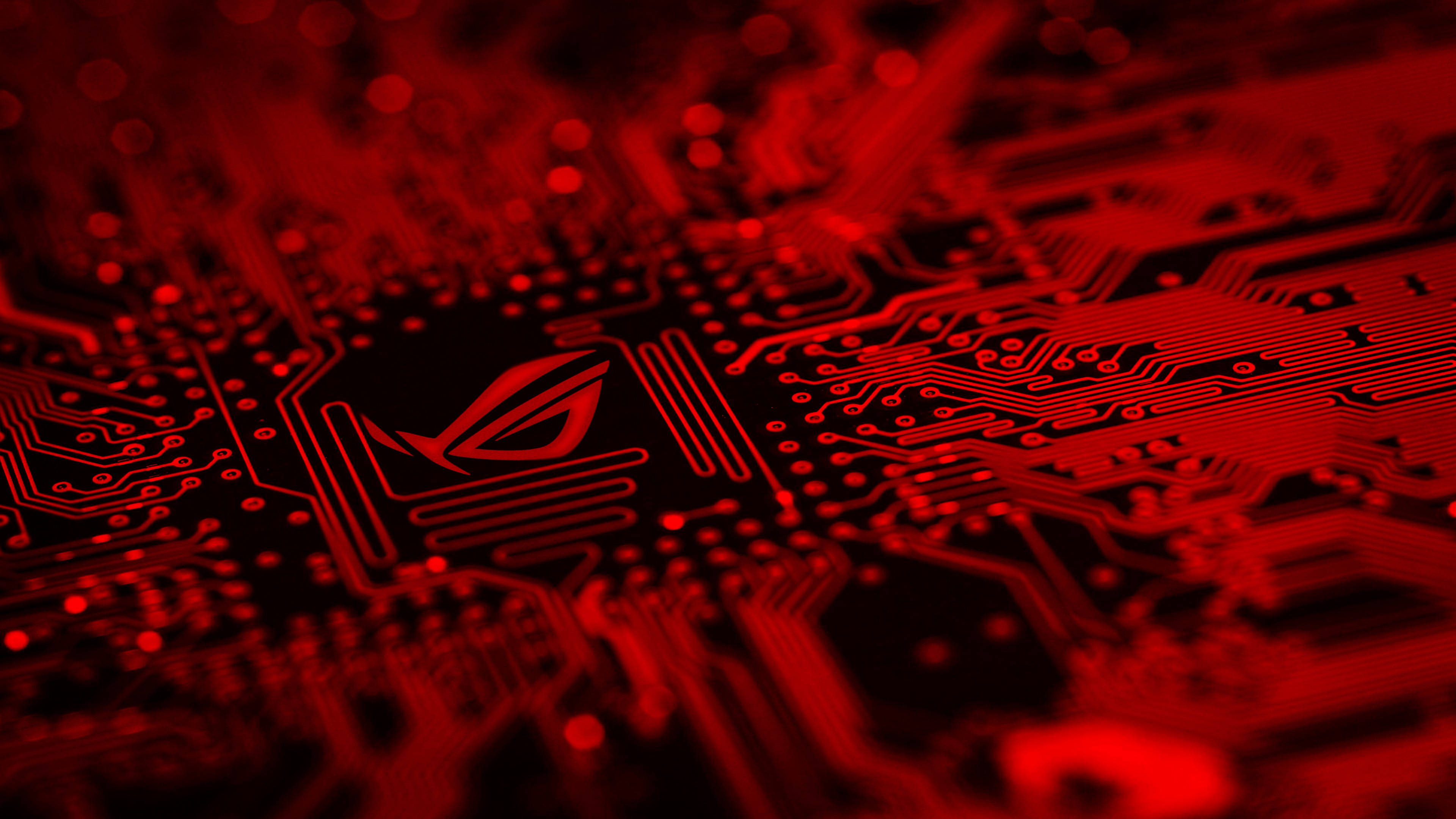 red circuit board, eye logo, illuminated, 4K Desktop Wallpaper