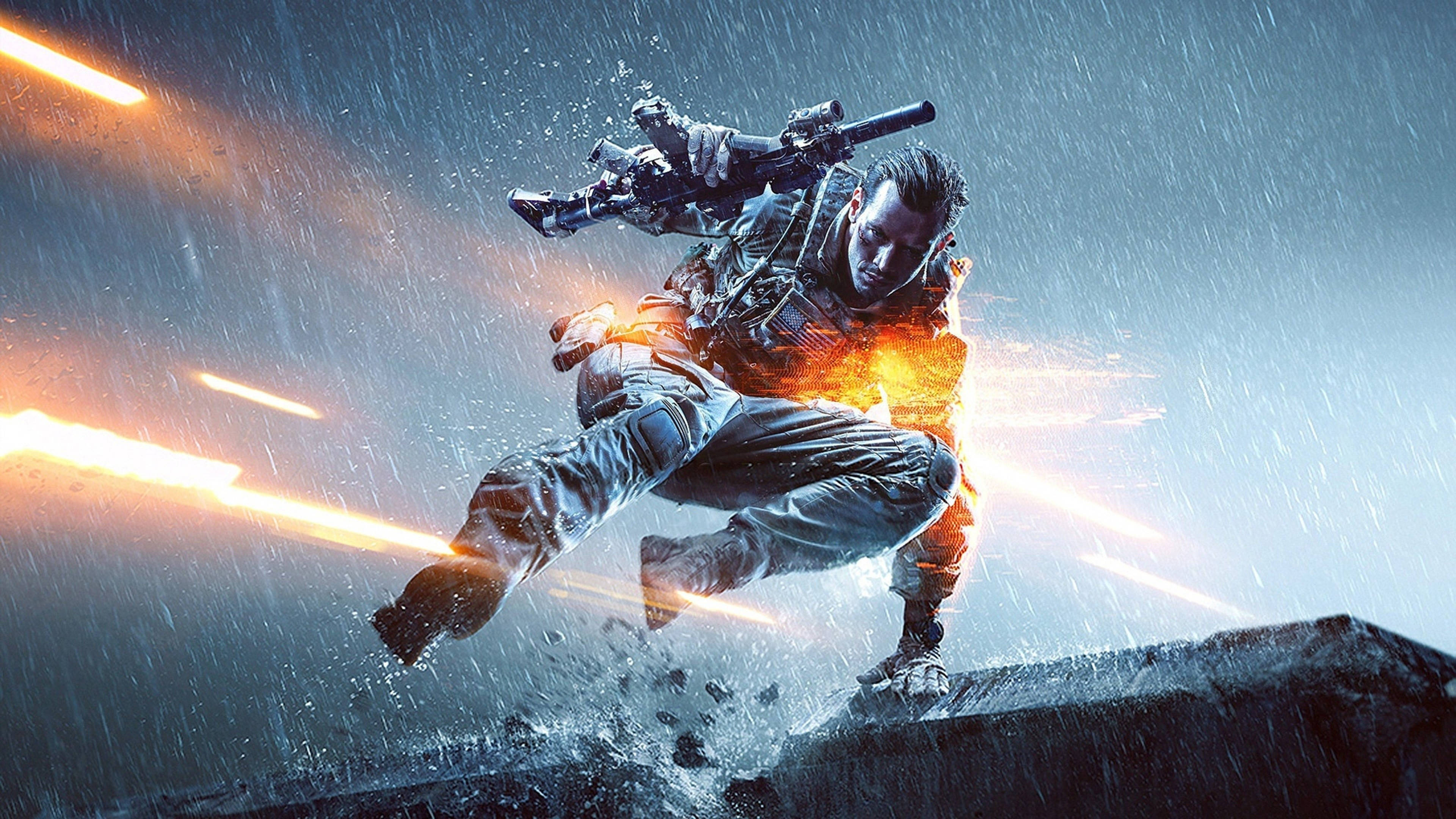 PC Gaming, jumping soldier, rain, 4K Desktop Wallpaper