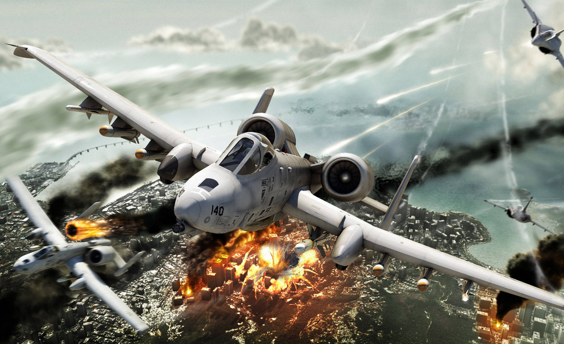 fighter jet, stormy skies, burning cityscape, Full HD Desktop Wallpaper