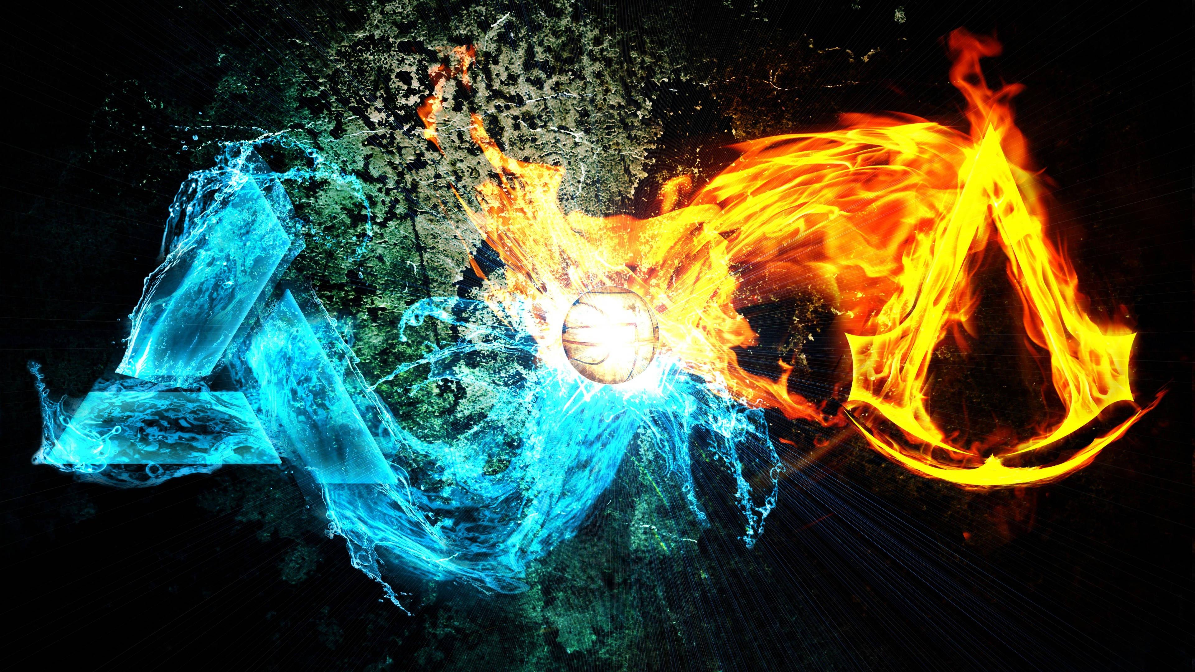 PC Gaming, fire, water, 4K Desktop Wallpaper
