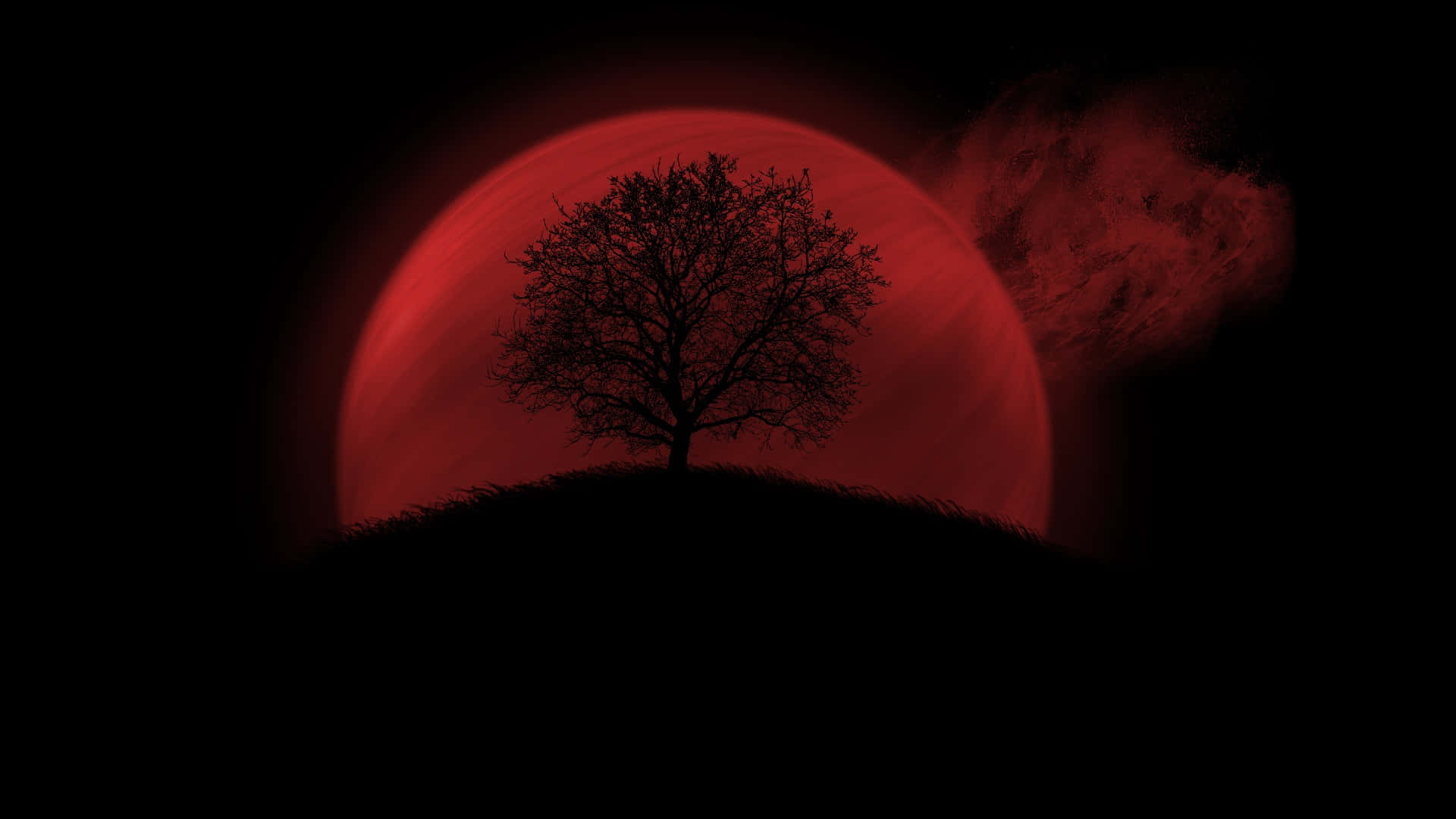red pc, glowing red moon, swirling clouds, Full HD Desktop Wallpaper
