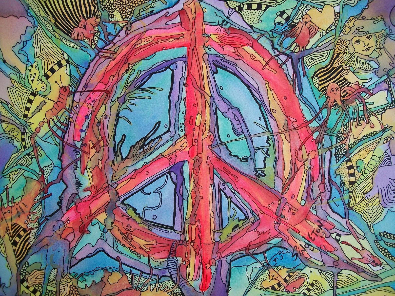 peace symbol, abstract patterns, whimsical creatures, HD Desktop Wallpaper