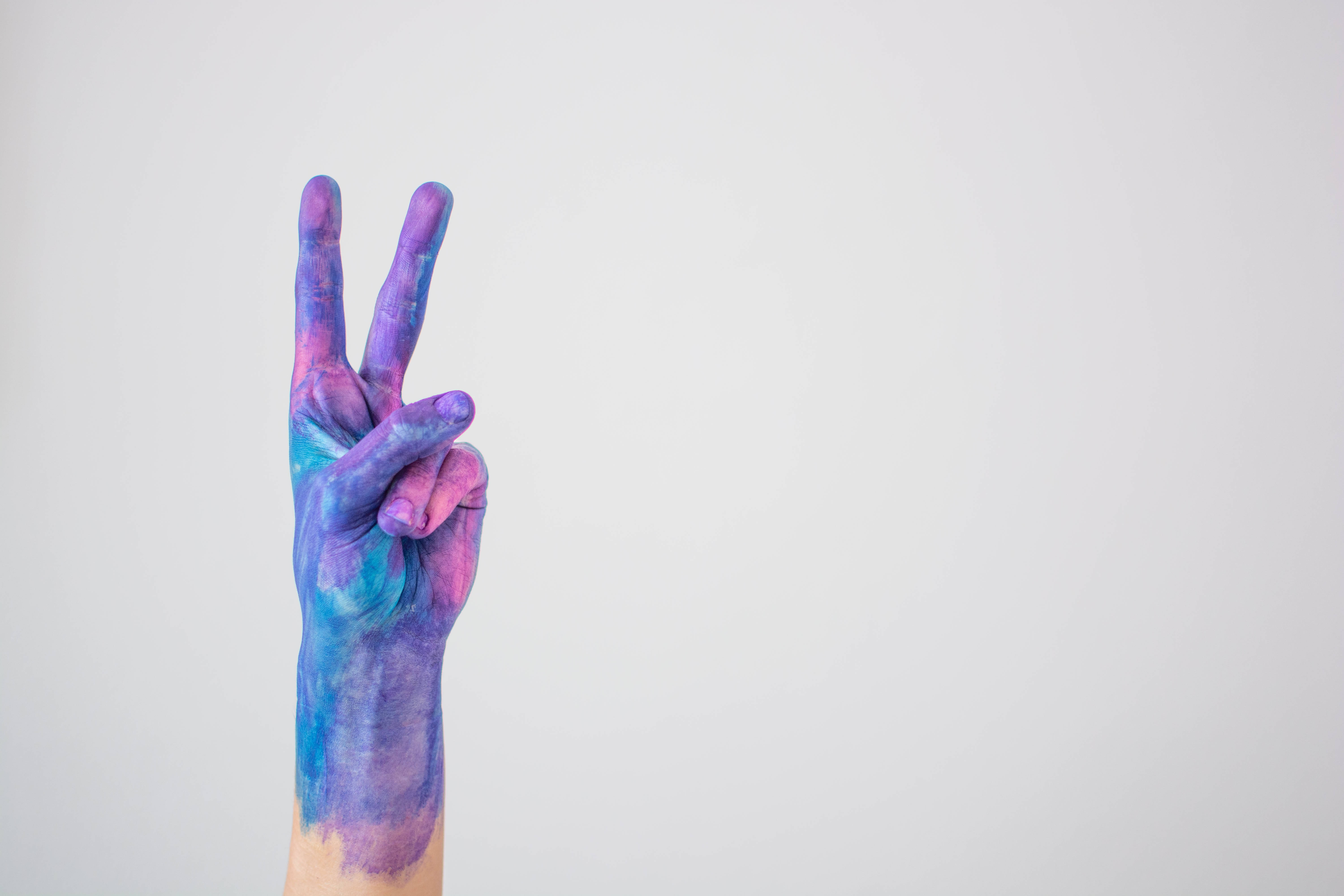 peace symbol hand, vibrant purple pink, blue paint, 5K Desktop Wallpaper
