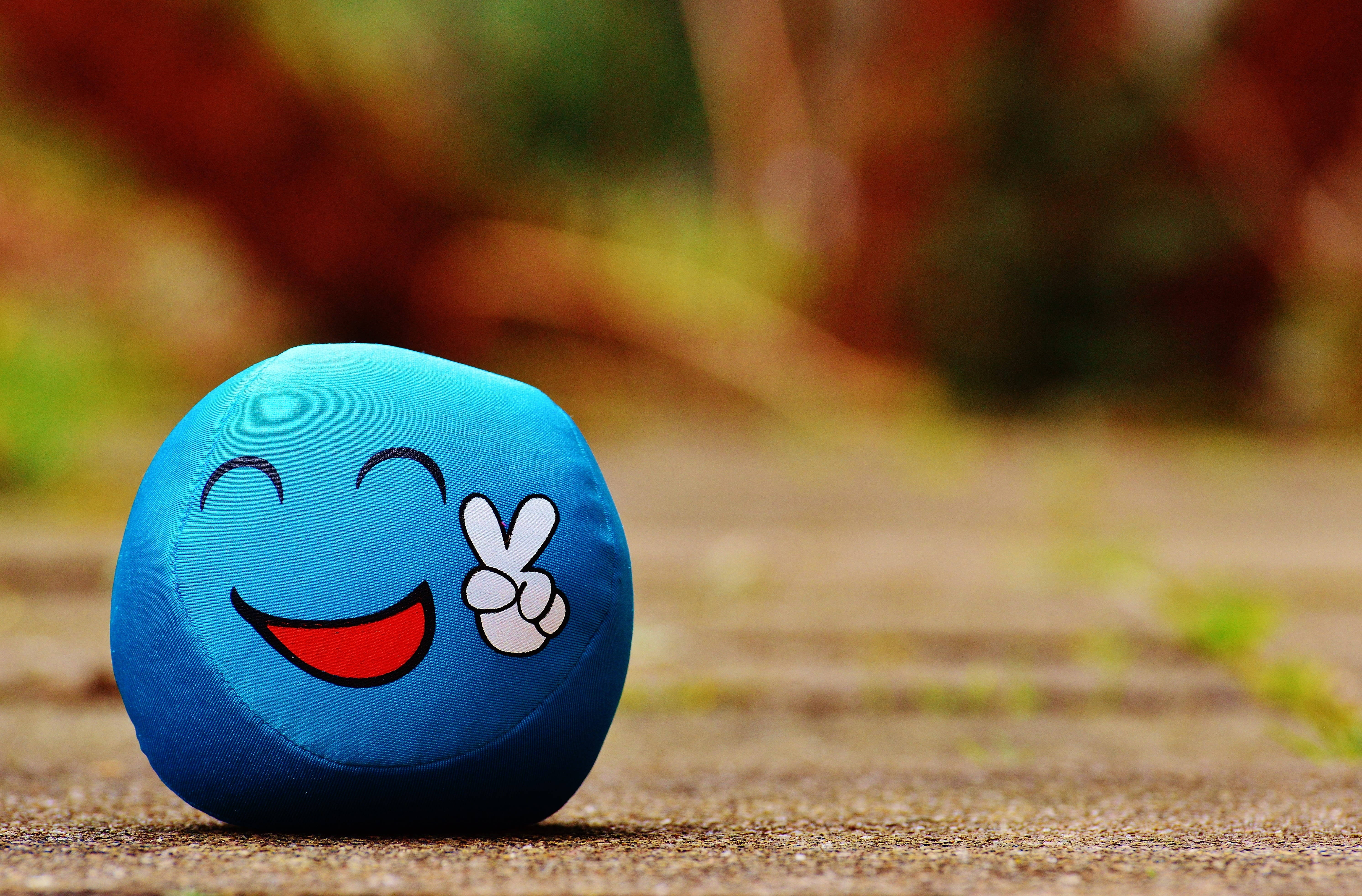 Happy Emoji Peace Sign, blue plush ball, smiling face, 5K Desktop Wallpaper