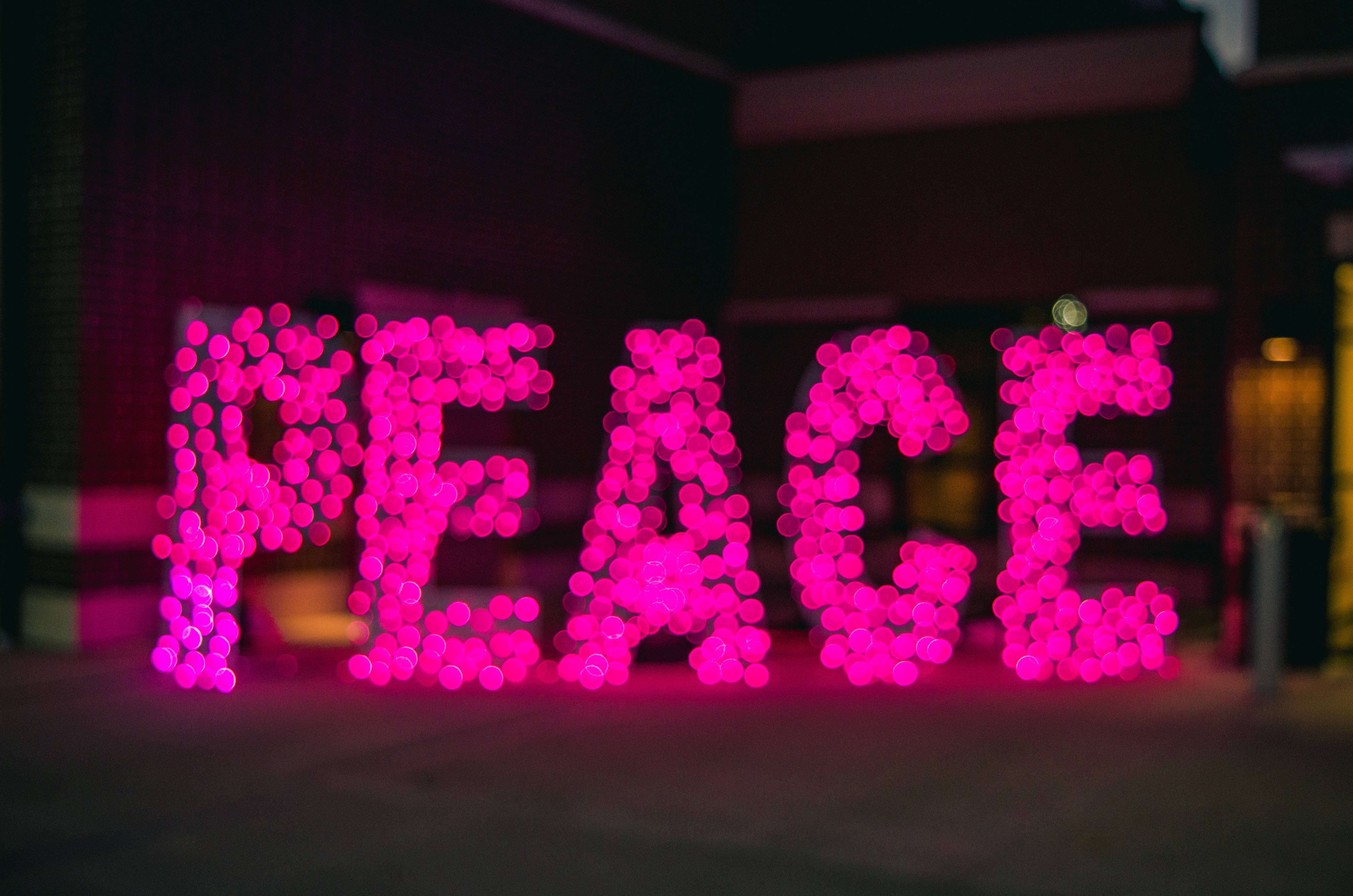 peace symbol, pink light orbs, bokeh lights, 4K Desktop Wallpaper