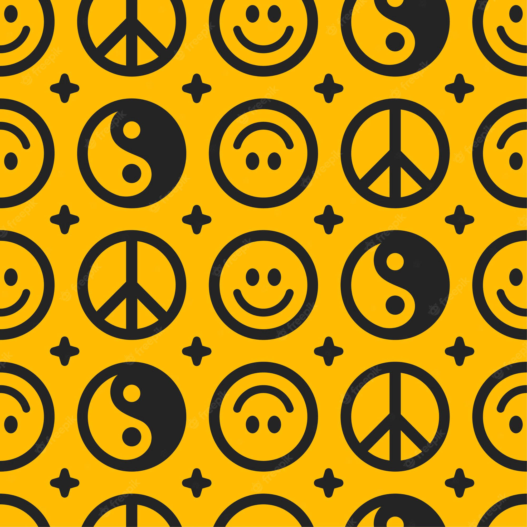 peace symbol, yellow background, black peace signs, Full HD Desktop Wallpaper
