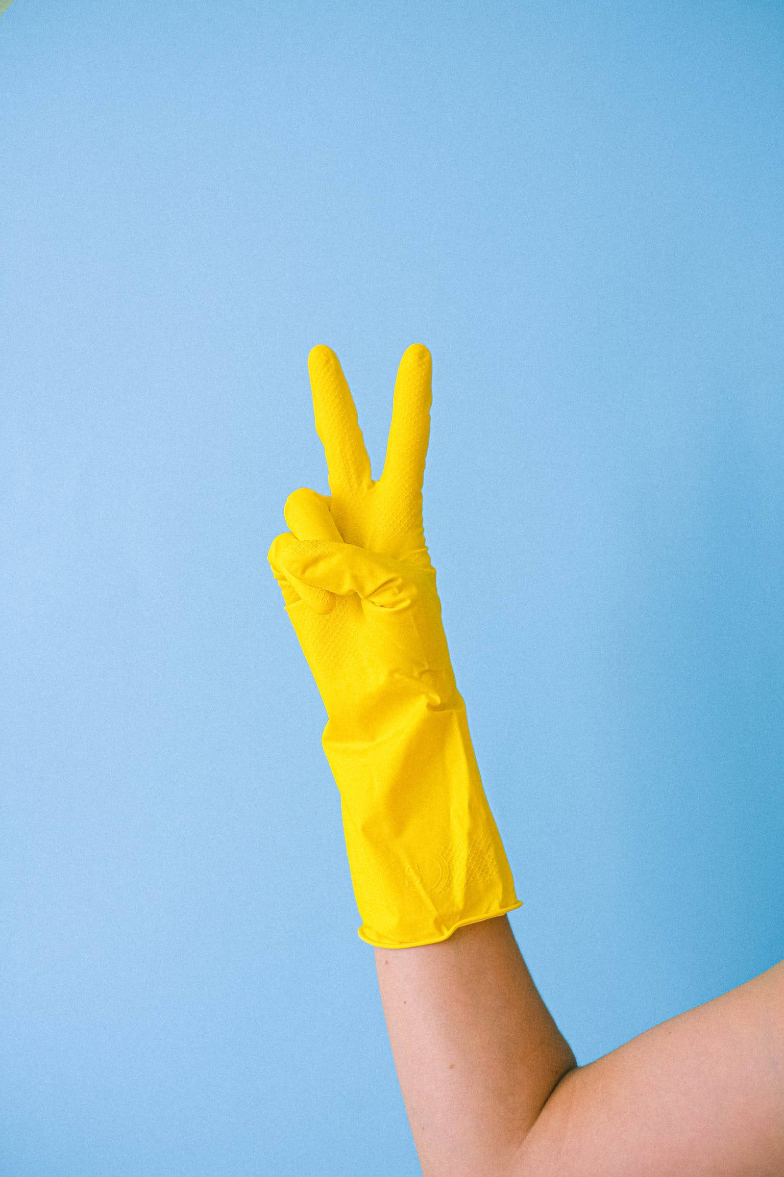 bright yellow rubber glove, peace sign, solid blue background, Full HD Phone Wallpaper
