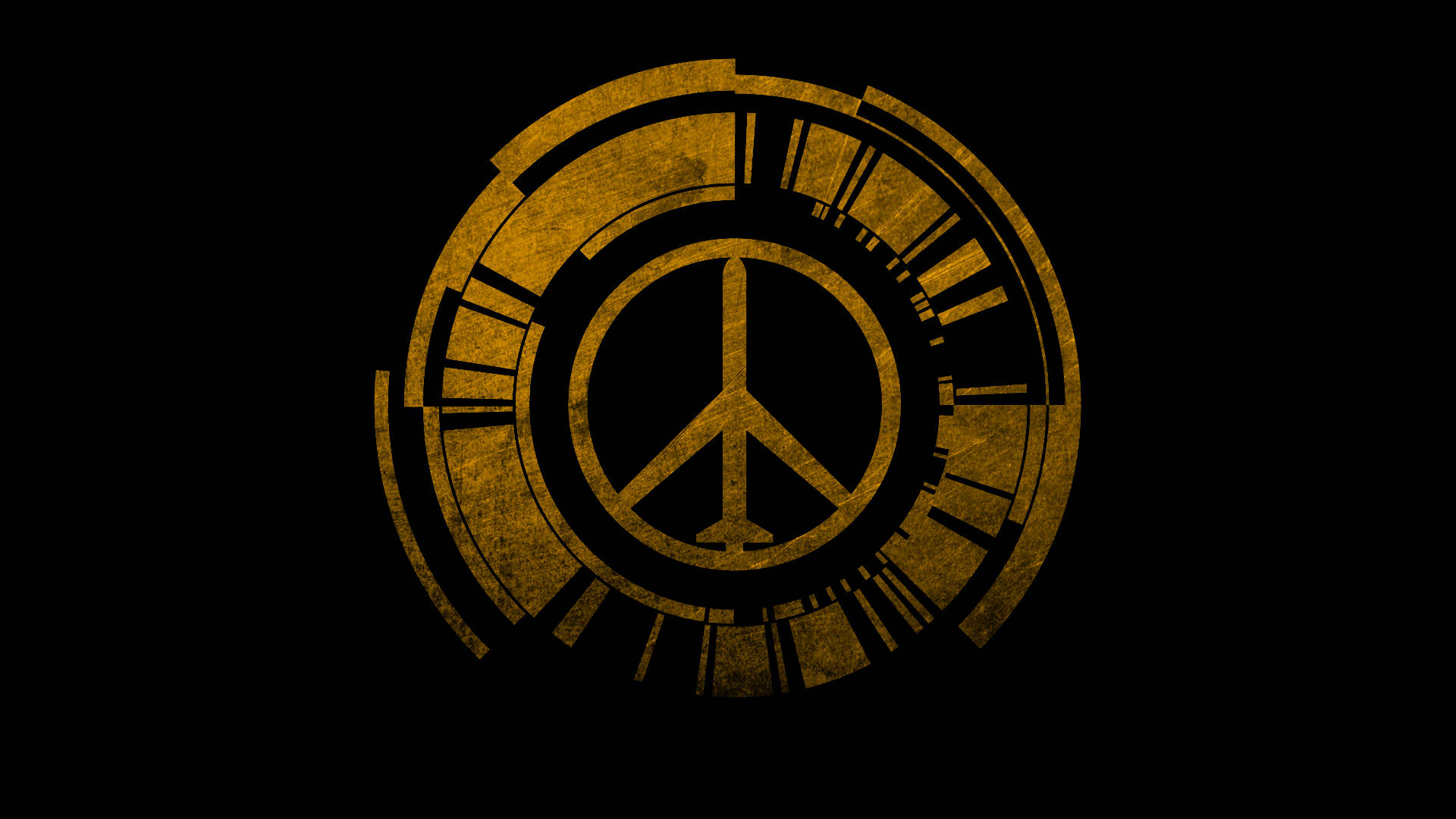 golden plane peace symbol, distressed circular HUD overlay, black background, Full HD Desktop Wallpaper