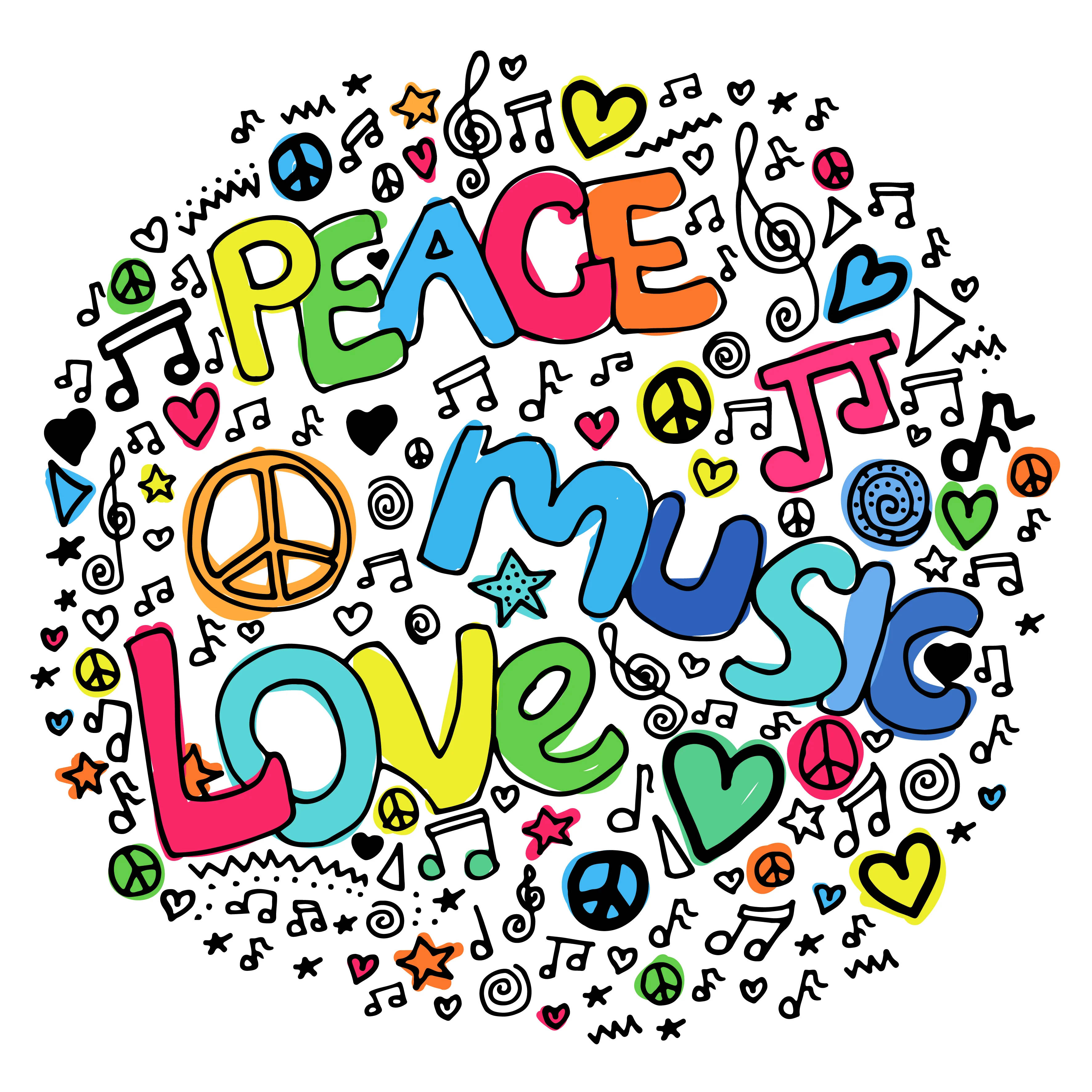 peace music love, circular doodle art, colorful hearts, 2K Desktop Wallpaper