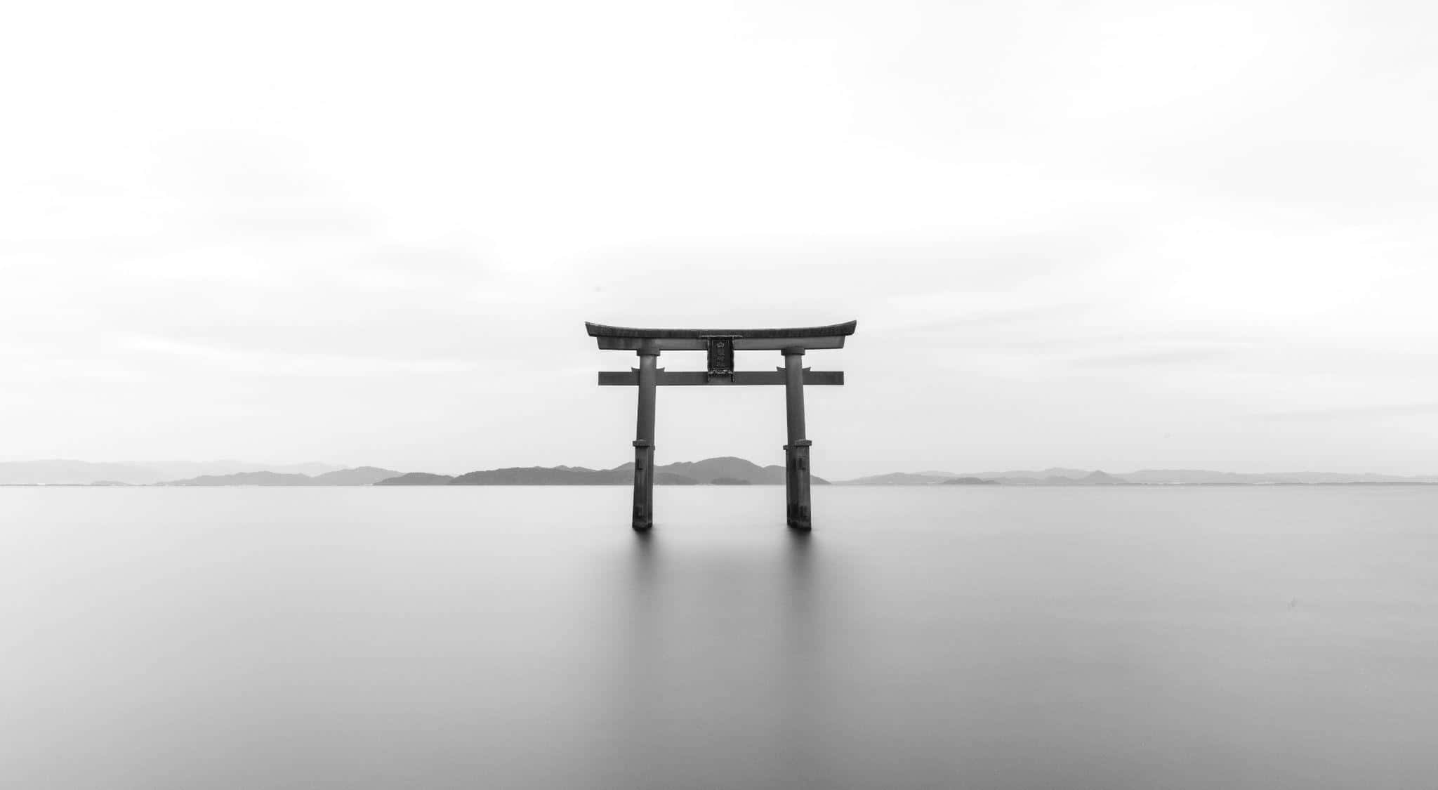 torii gate, calm water, distant hills, Full HD Desktop Wallpaper
