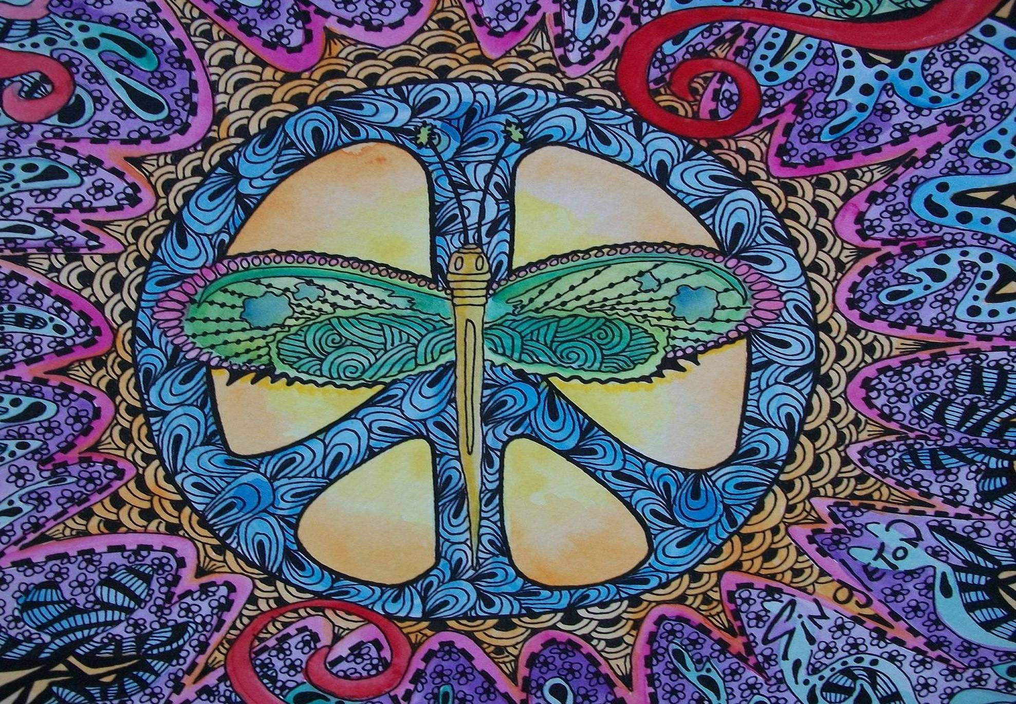 Dragonfly Peace Mandala, peace symbol, psychedelic illustration, Full HD Desktop Wallpaper
