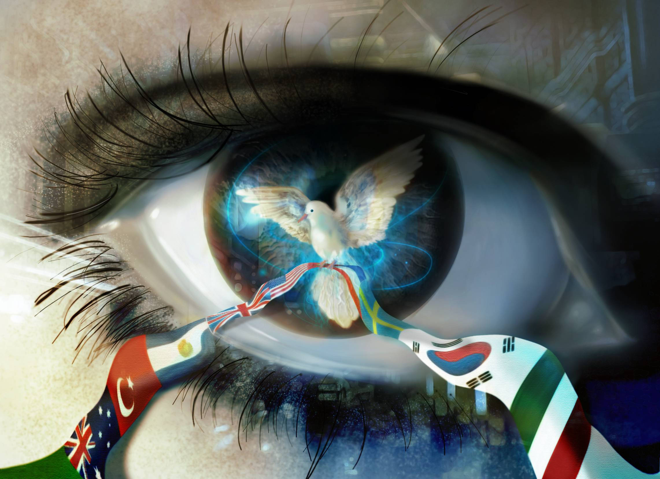 surreal eye of peace, human eye, white dove, Full HD Desktop Wallpaper
