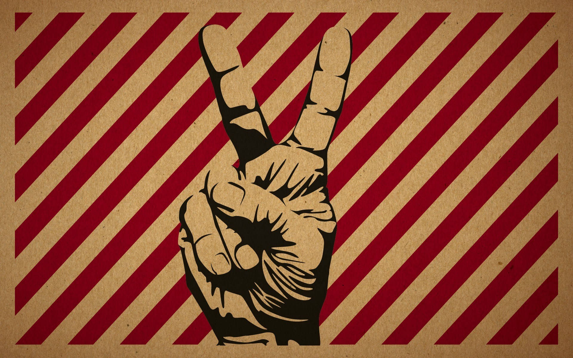 retro peace hand sign, black hand, red and beige diagonal striped background, Full HD Desktop Wallpaper