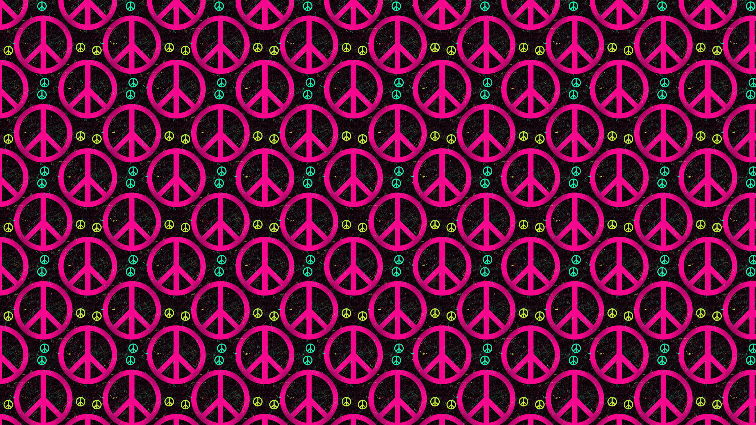fuchsia pink, peace symbols, black background, 2K Desktop Wallpaper