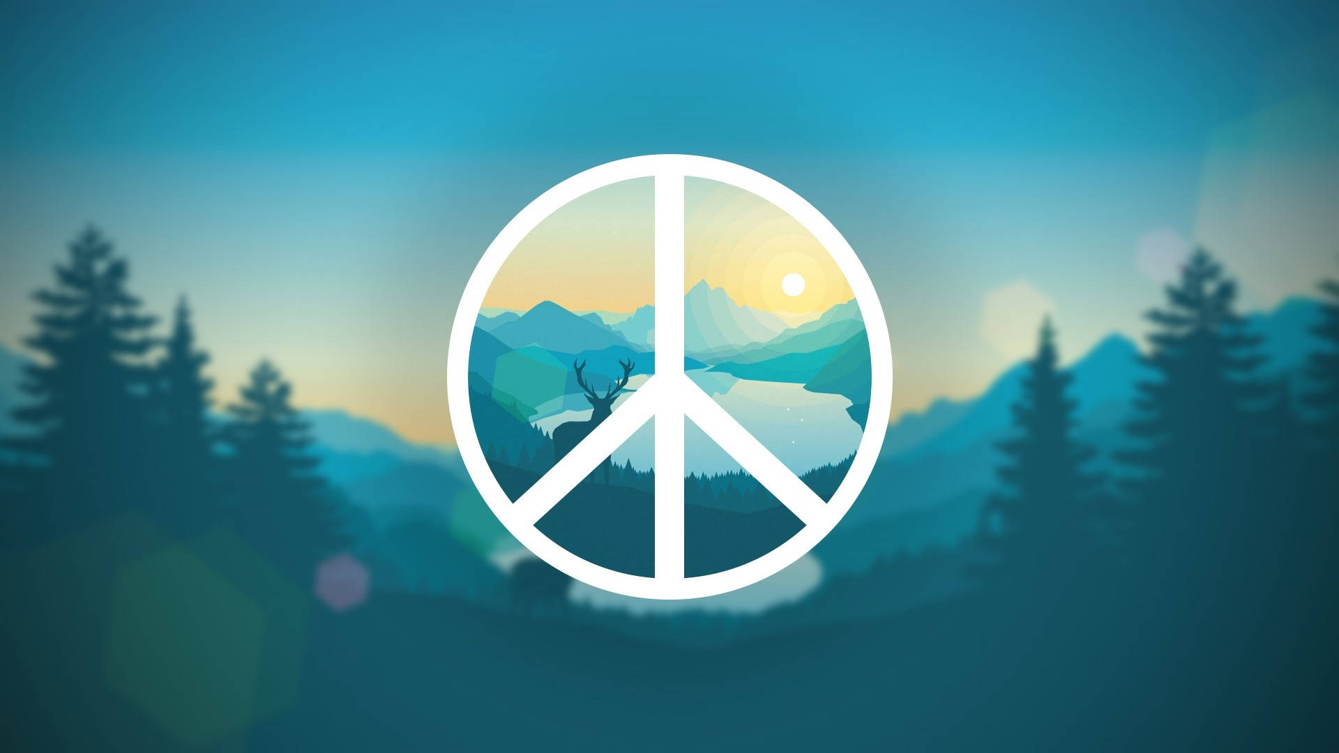Peace Mountains, white peace symbol, mountain lake scene, Full HD Desktop Wallpaper