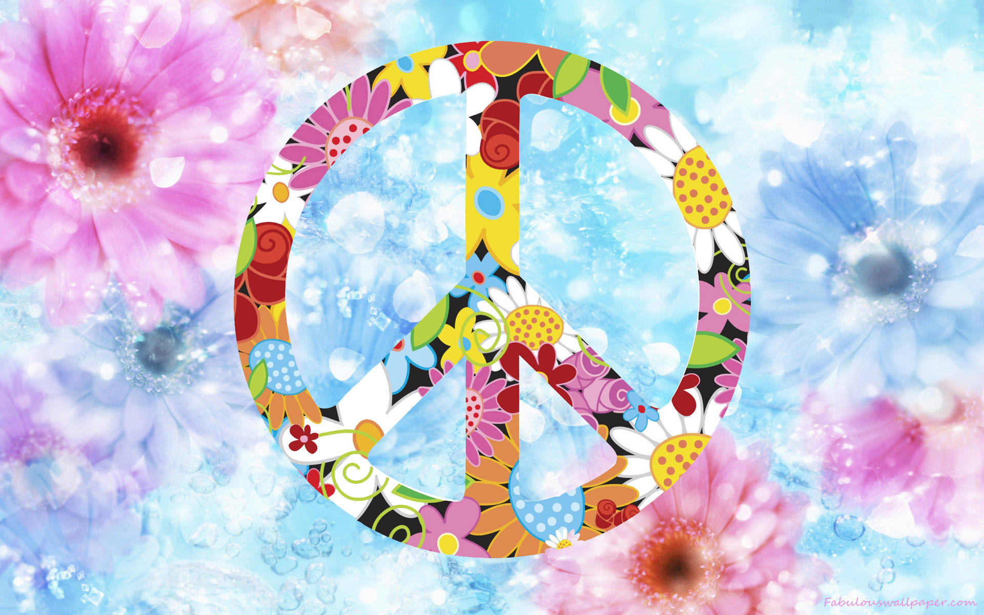 floral peace symbol, pink flowers, blue flowers, Full HD Desktop Wallpaper