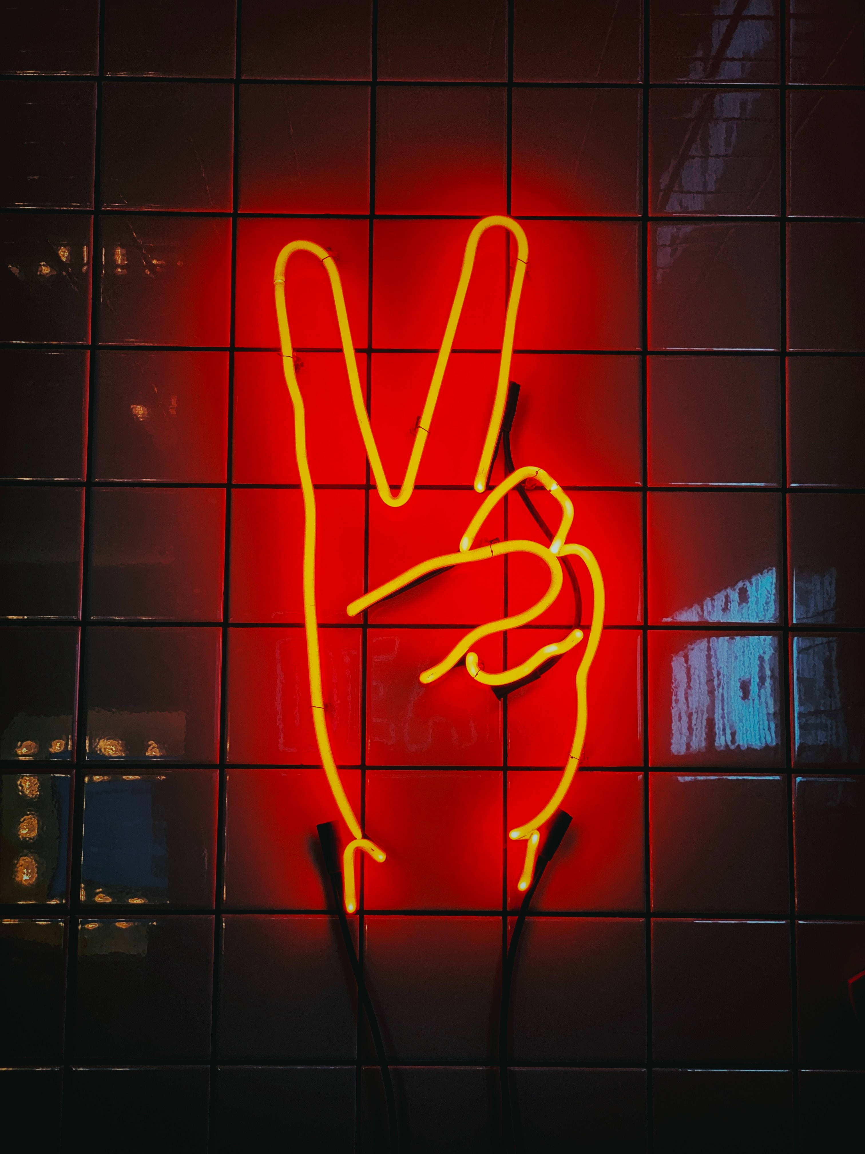 neon peace signage, red, yellow neon sign, 4K Phone Wallpaper