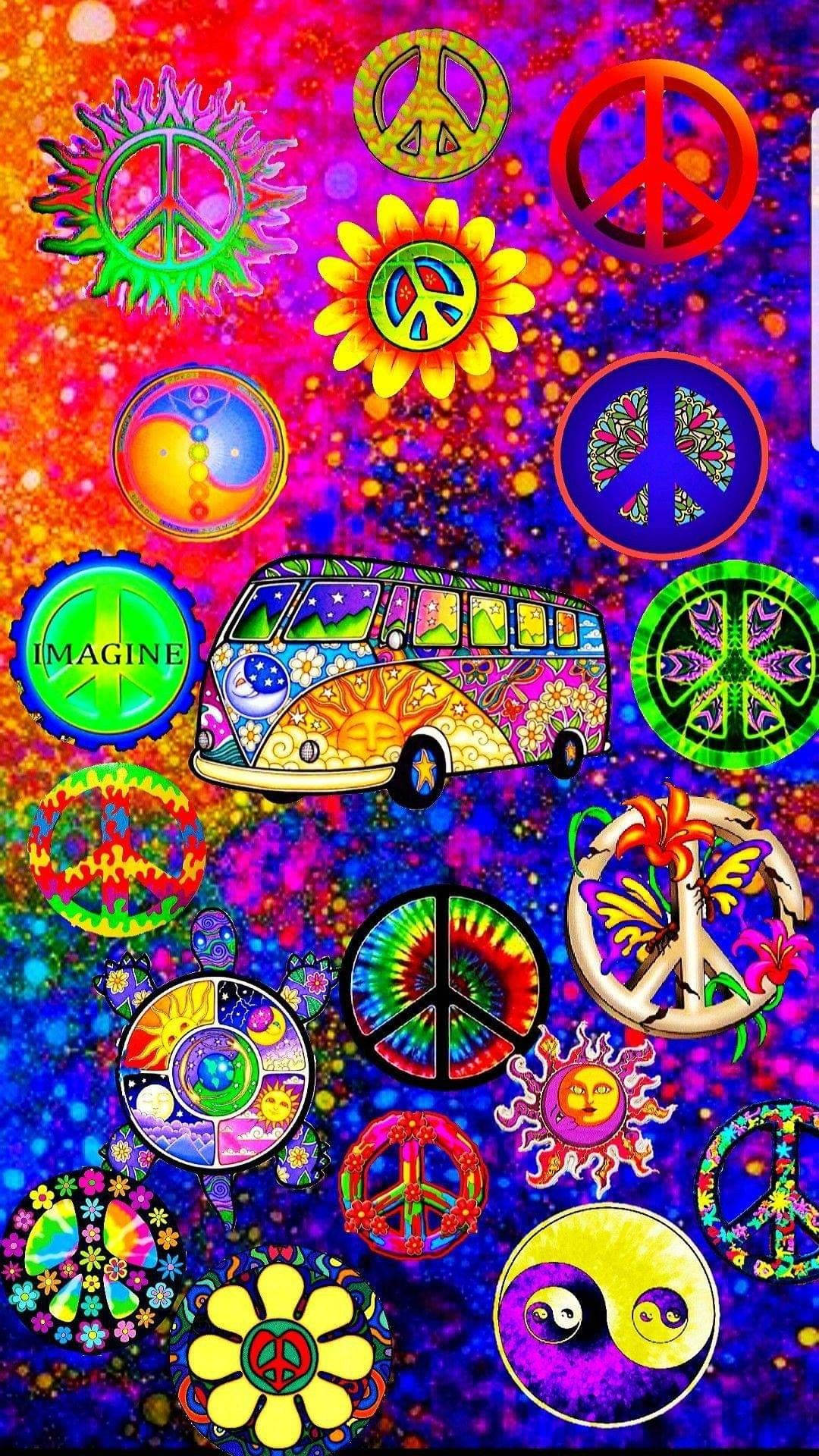 peace signs, decorated van, vibrant cosmic background, Full HD Phone Wallpaper