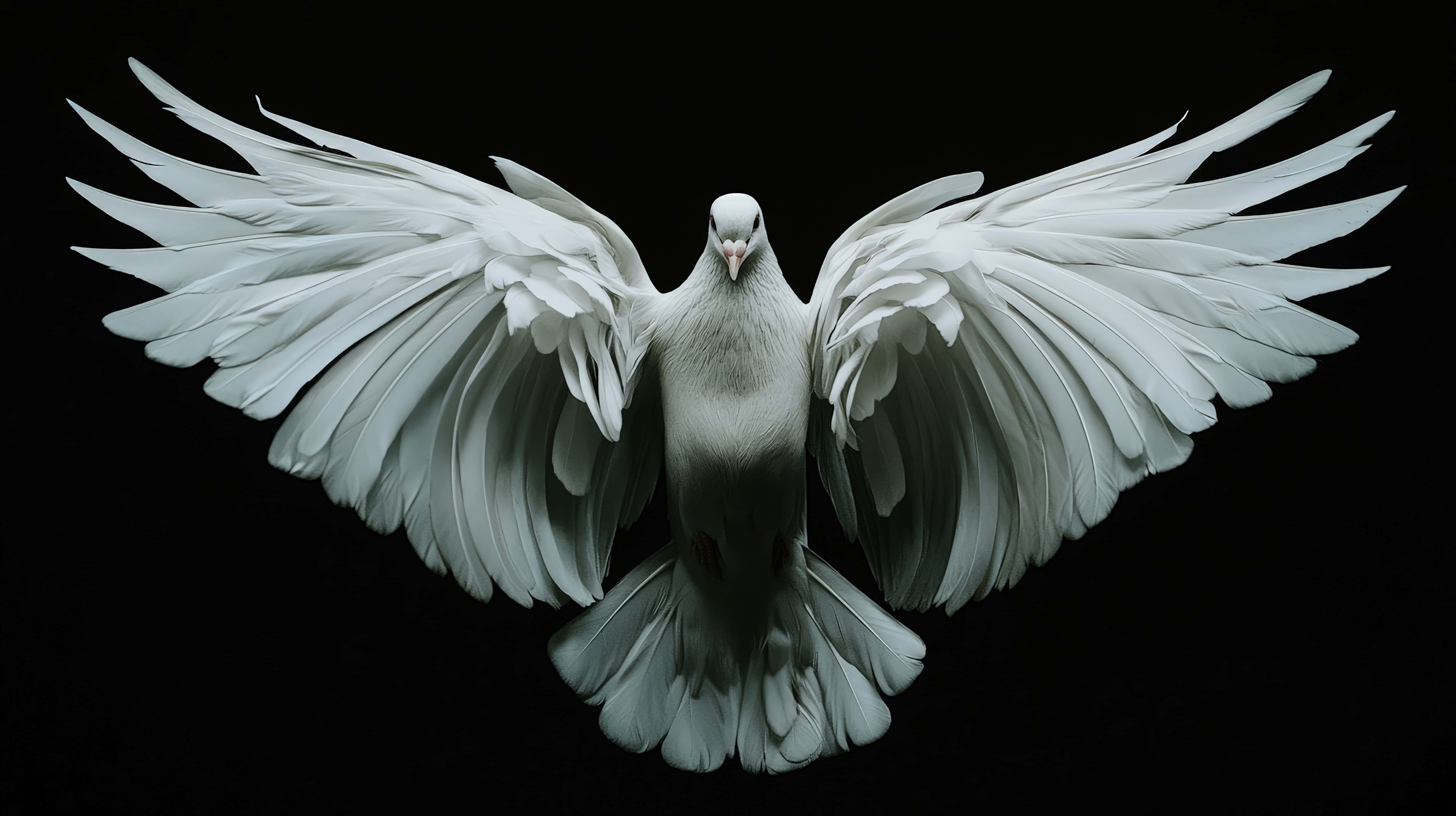 white dove, wings spread wide, stark black background, 8K Desktop Wallpaper