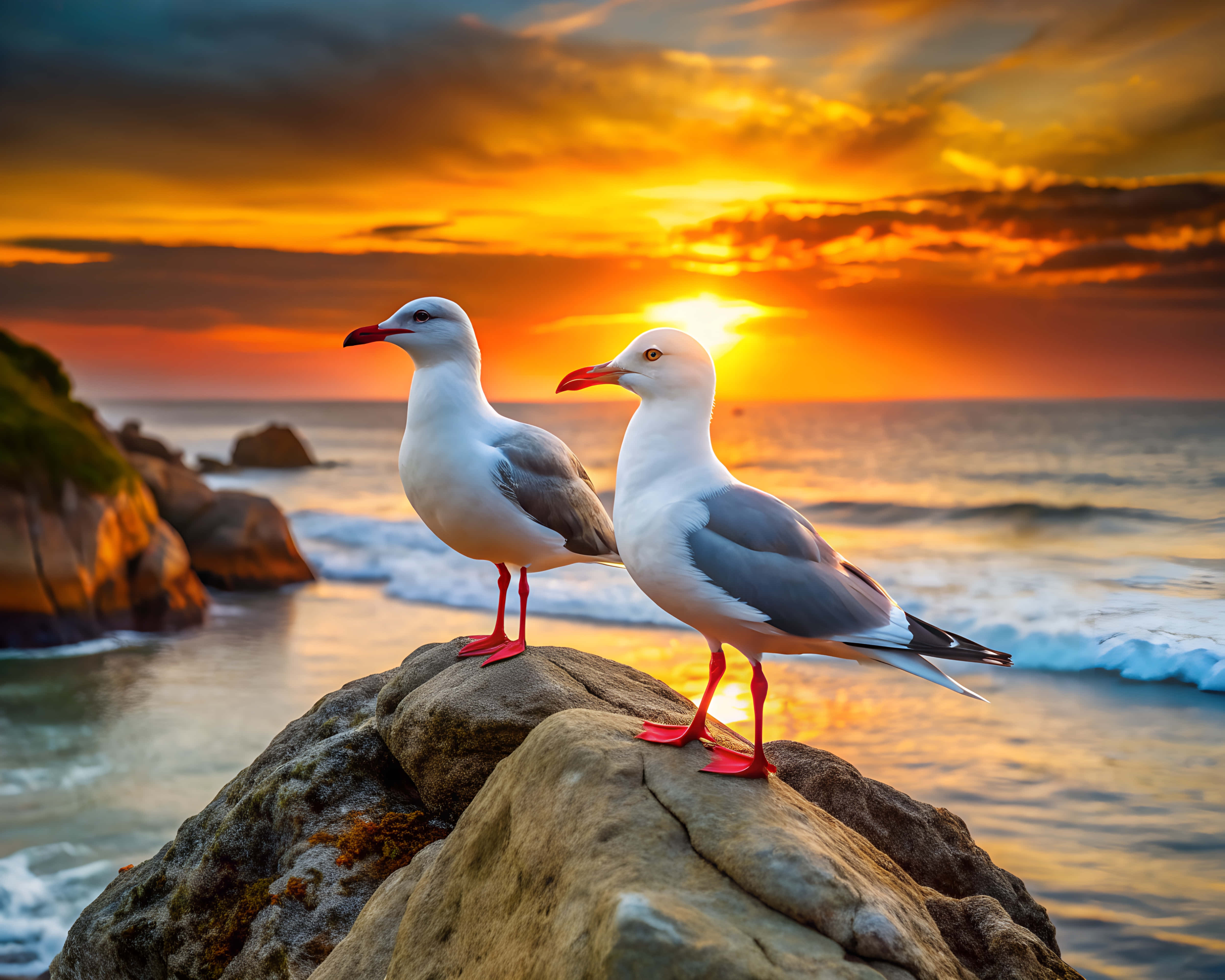 seagull, sunset, rocky cliff, 4K Desktop Wallpaper