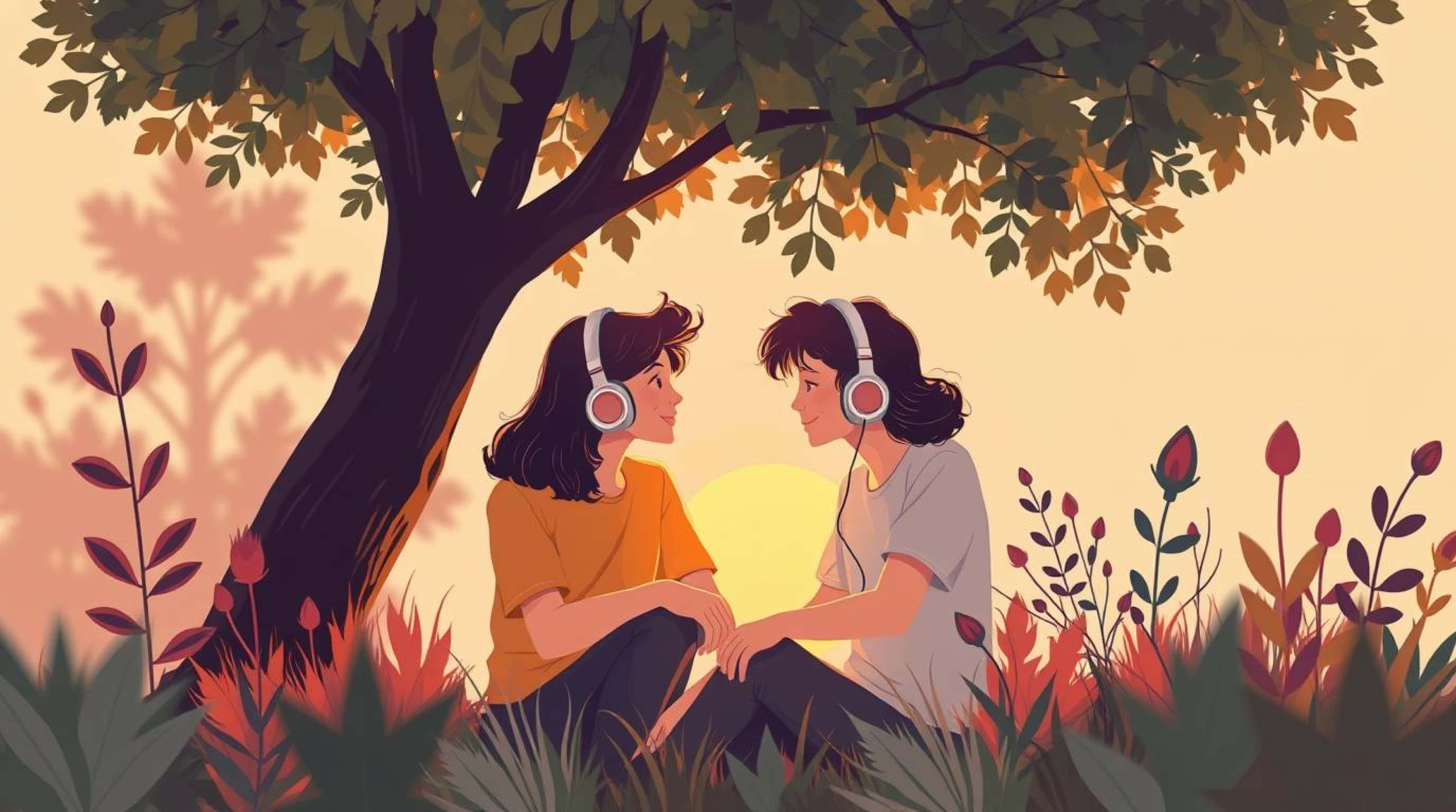 two friends, headphones, tree, 5K Desktop Wallpaper