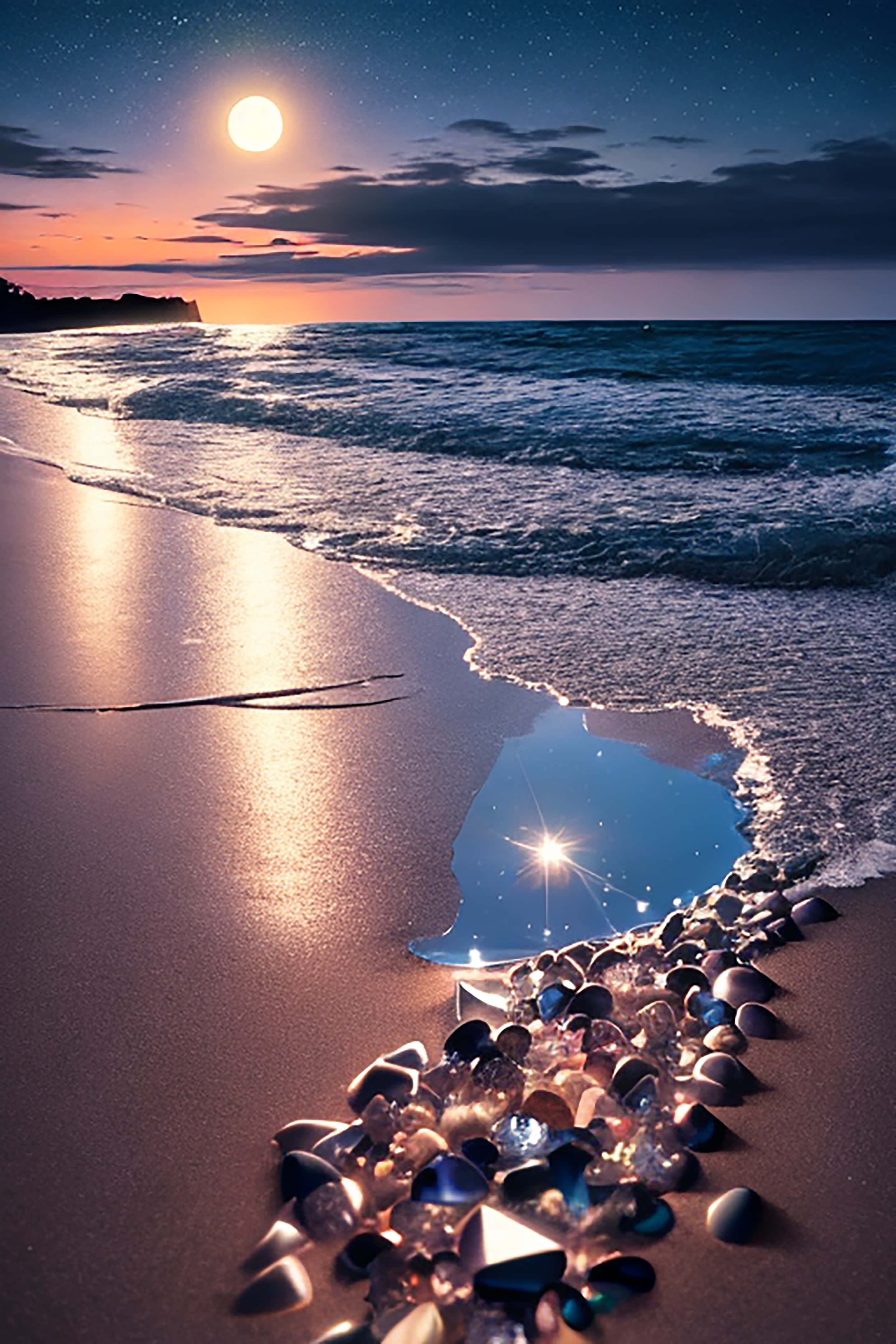 coastal night scene, crystals shimmering in the moonlight, wet sand, 4K Phone Wallpaper