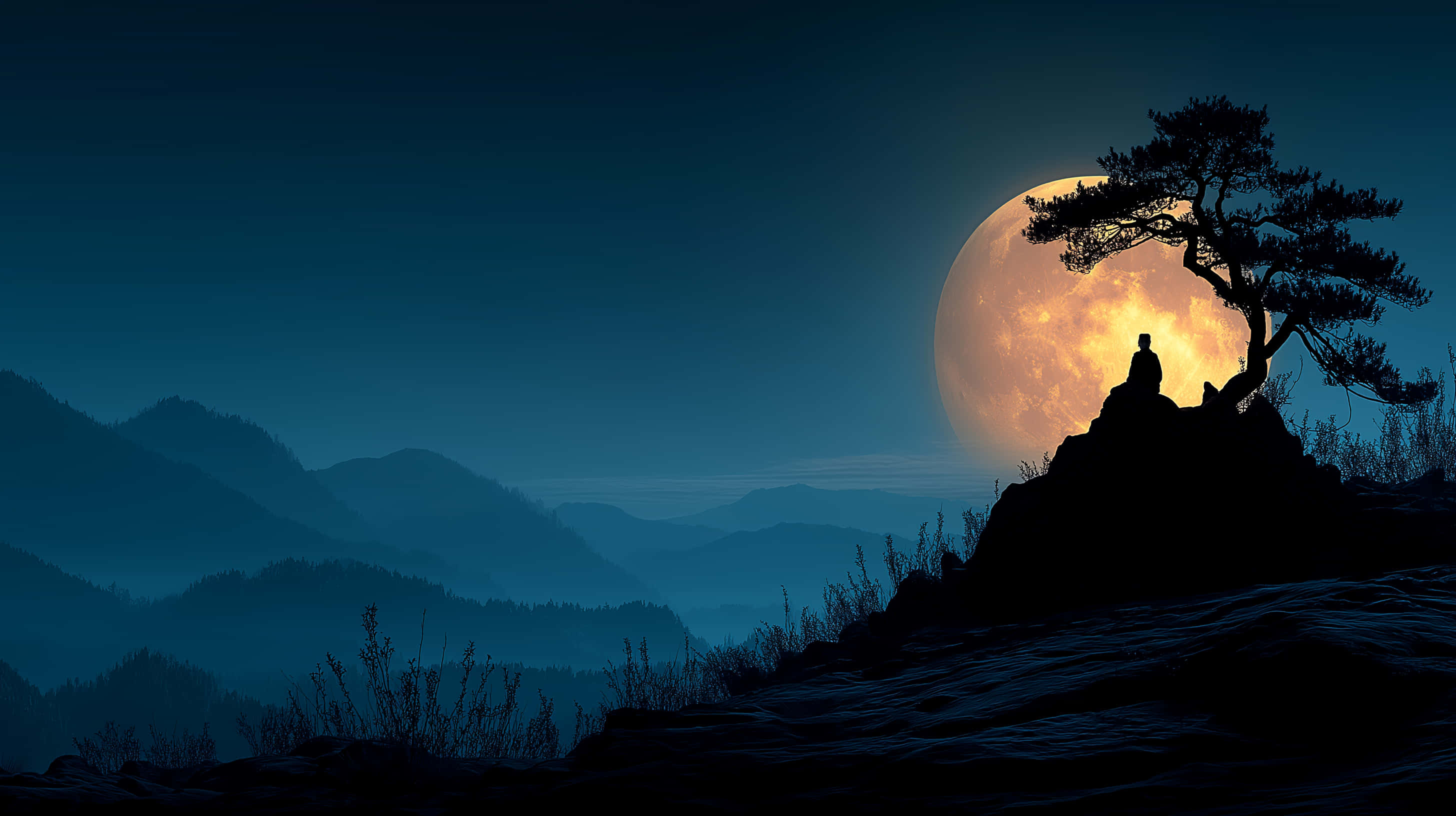 full moon, gnarled tree, misty blue mountains, 2K Desktop Wallpaper