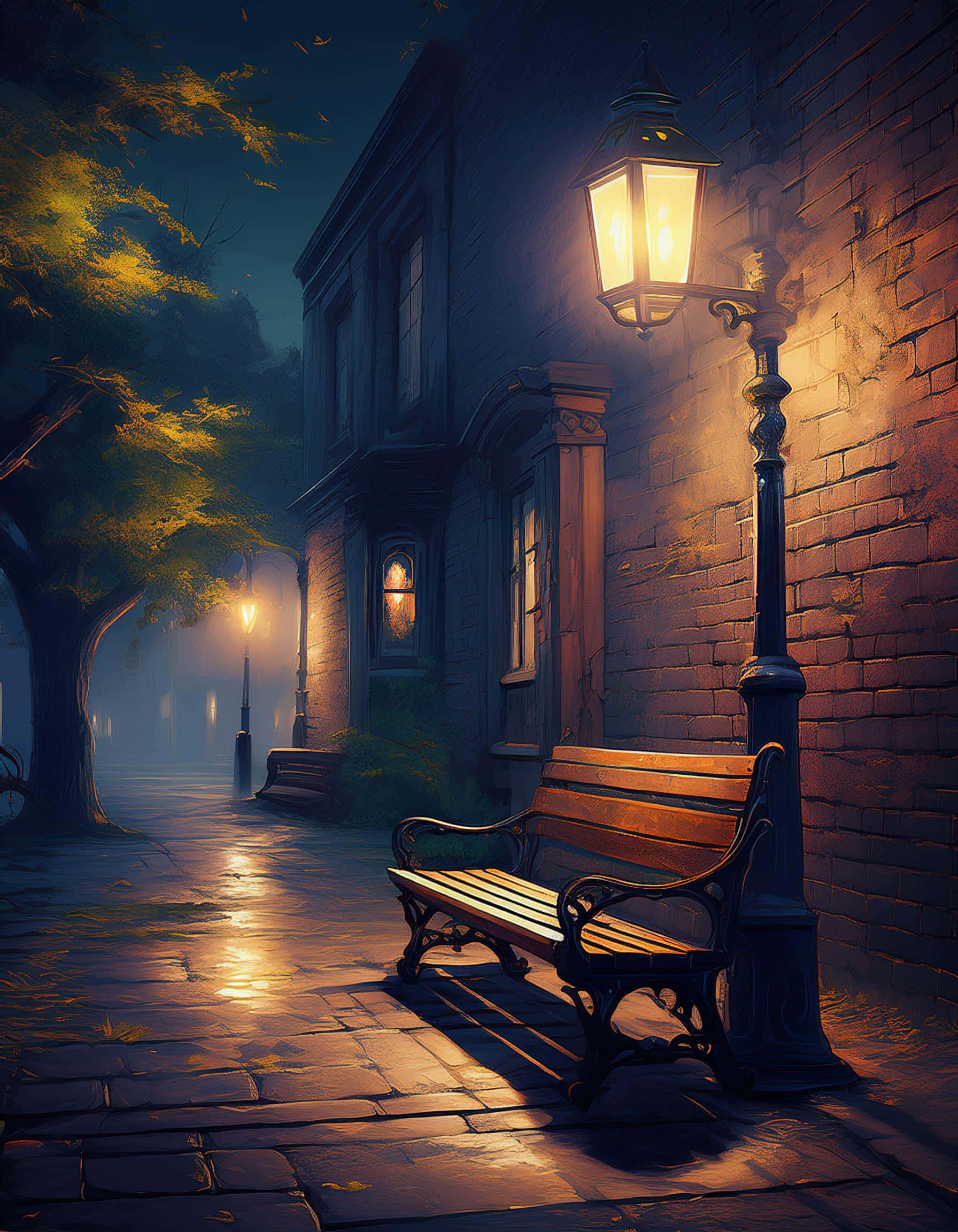 vintage streetlamp, misty cobblestone alleyway, wooden bench, Full HD Phone Wallpaper