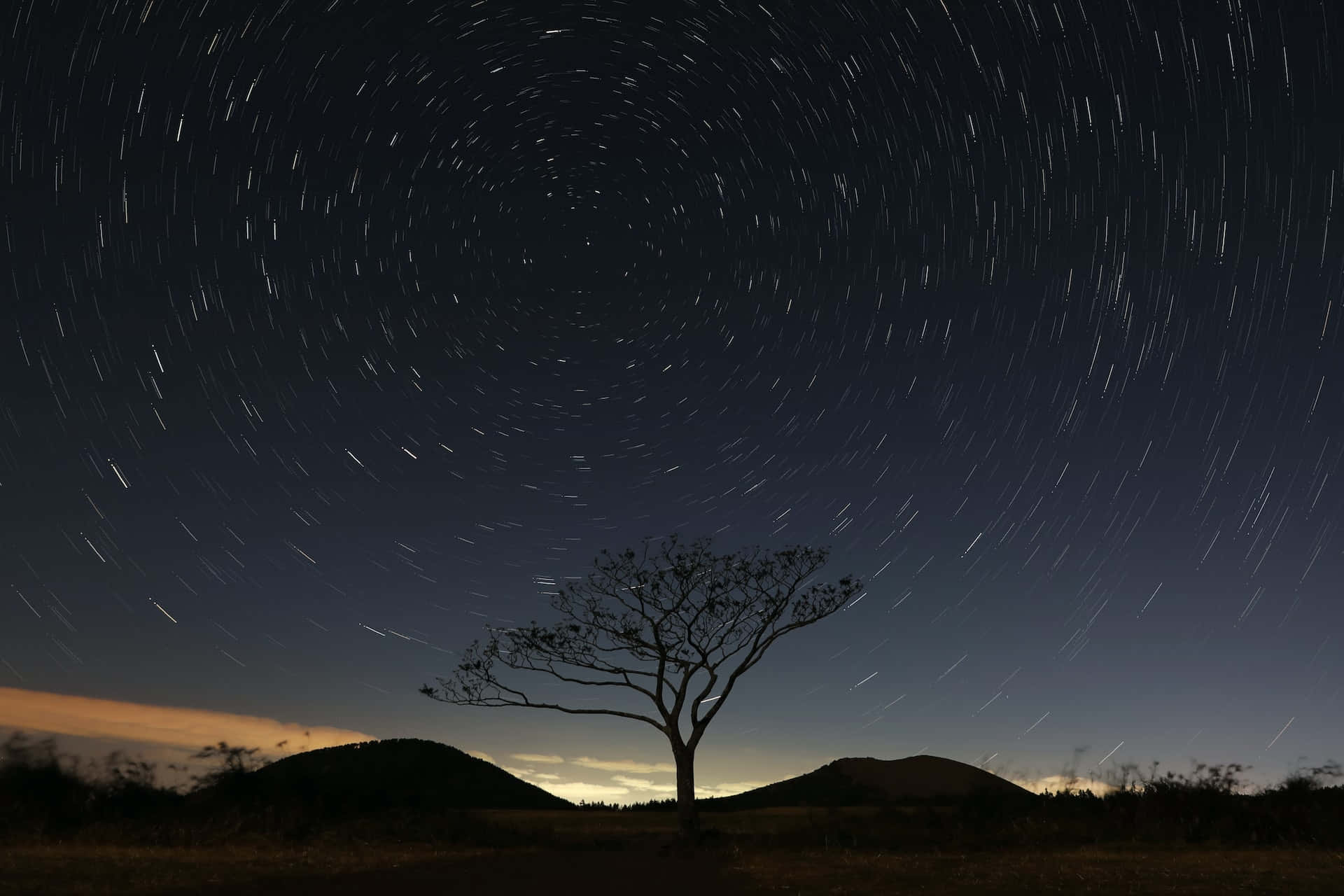 star trails, distant hills, night, Full HD Desktop Wallpaper
