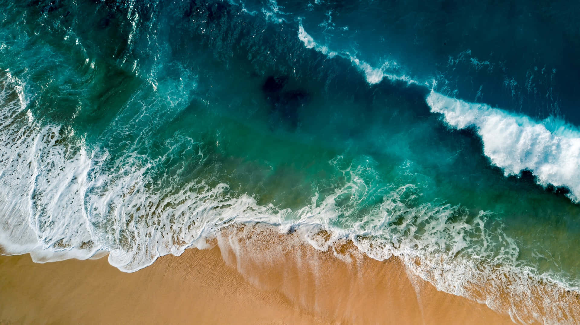 turquoise ocean, golden sand, foamy white crests, Full HD Desktop Wallpaper